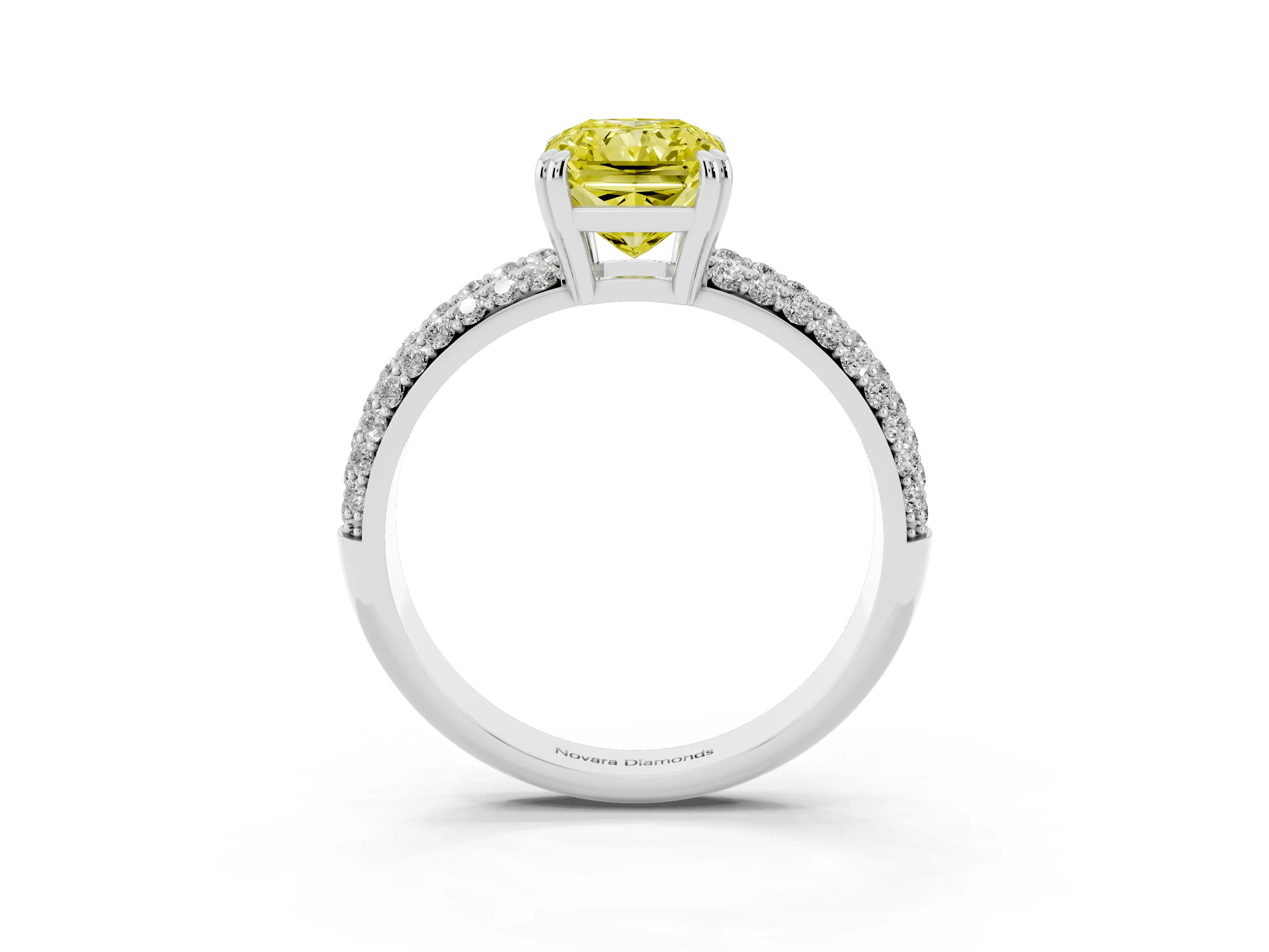 Fancy Yellow Radiant Cut Diamond Solitaire Ring Set in Platinum with Multi-Row Round Pavé Band and Prong Setting
