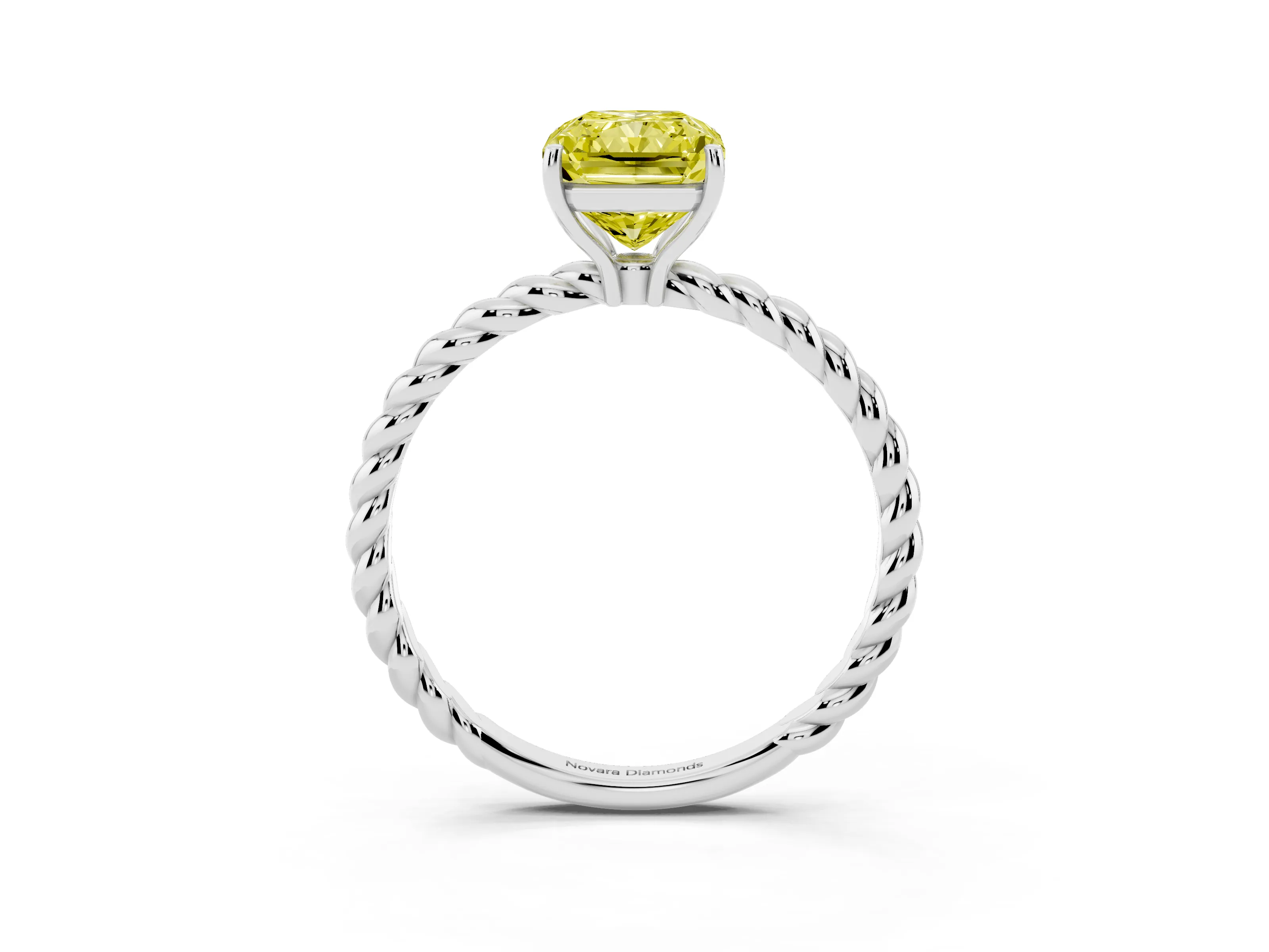 Fancy Yellow Radiant Cut Diamond Solitaire Ring Set in White gold with Twist Band and Prong Setting
