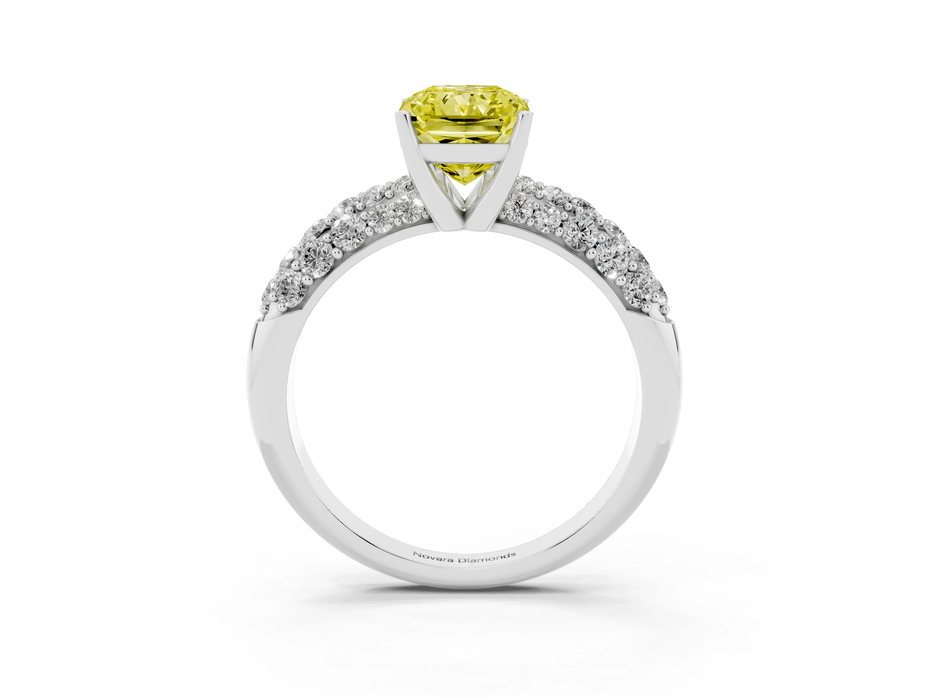 Fancy Yellow Radiant Cut Diamond Pavé Band Solitaire Ring Set in White gold with Close-Set Accent Stones and Prong Setting