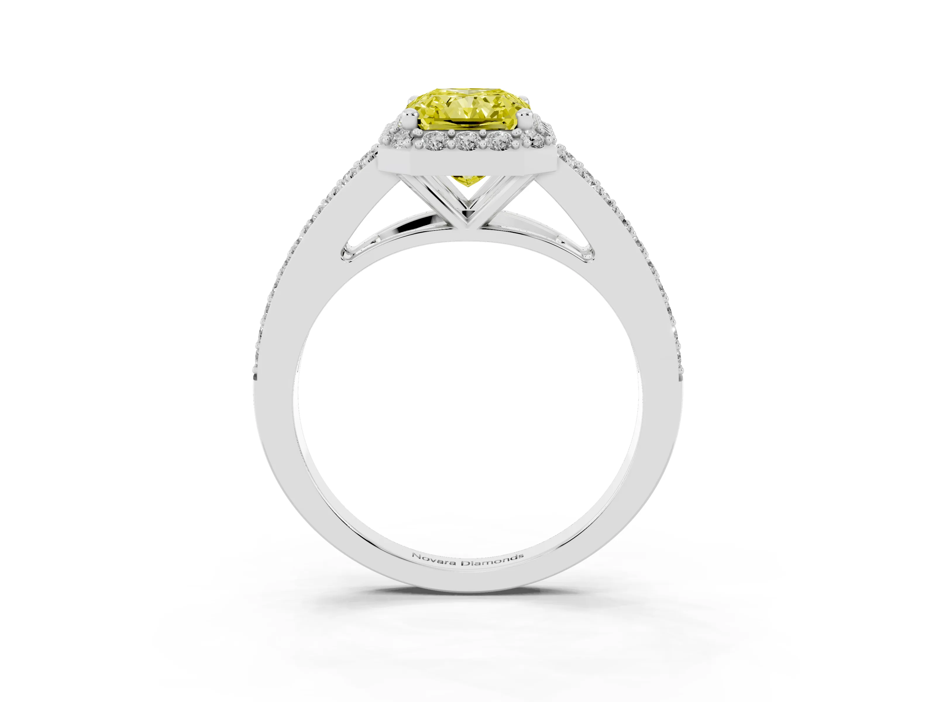 Fancy Yellow Radiant Cut Diamond Halo Split Shank Pavé Ring Set in Silver with Prong Setting