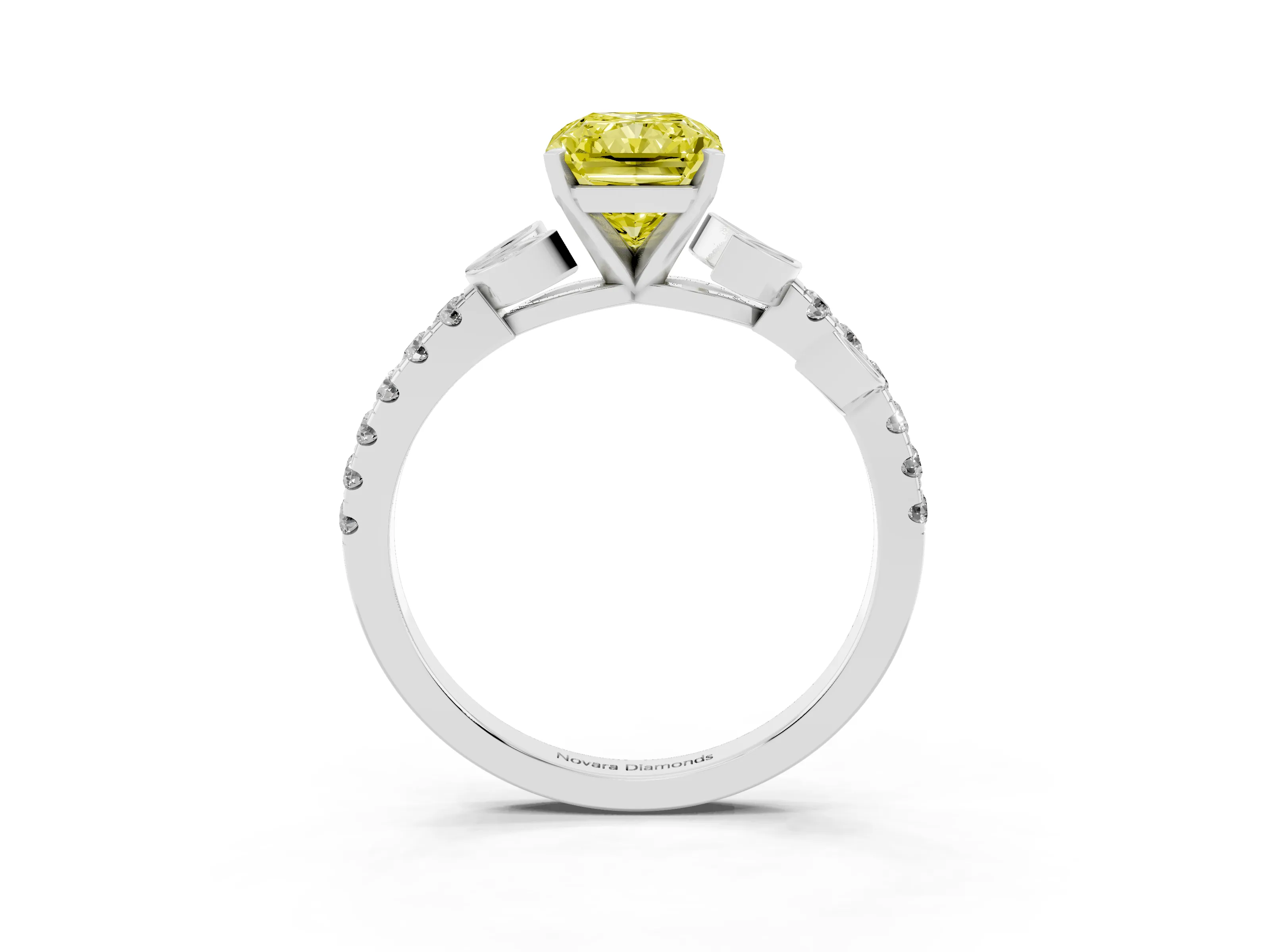 Fancy Yellow Radiant Cut Diamond Solitaire Leaf-Inspired Ring Set in Silver with Pavé Band and Prong Setting