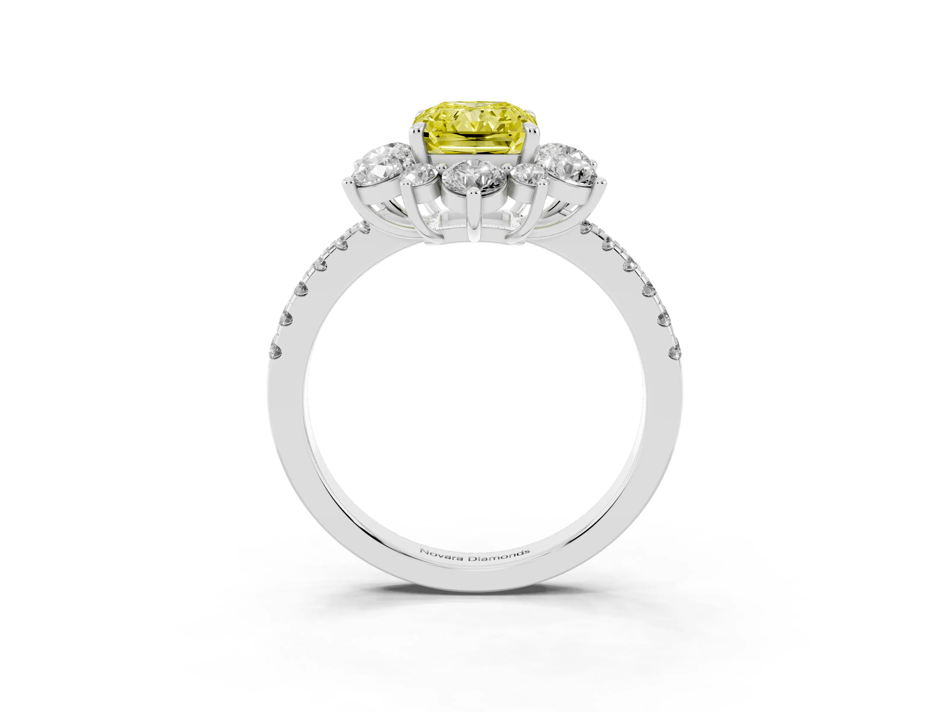 Fancy Yellow Radiant Cut Diamond Floral Halo Ring Set in White gold with Round Pavé Band and Prong Setting