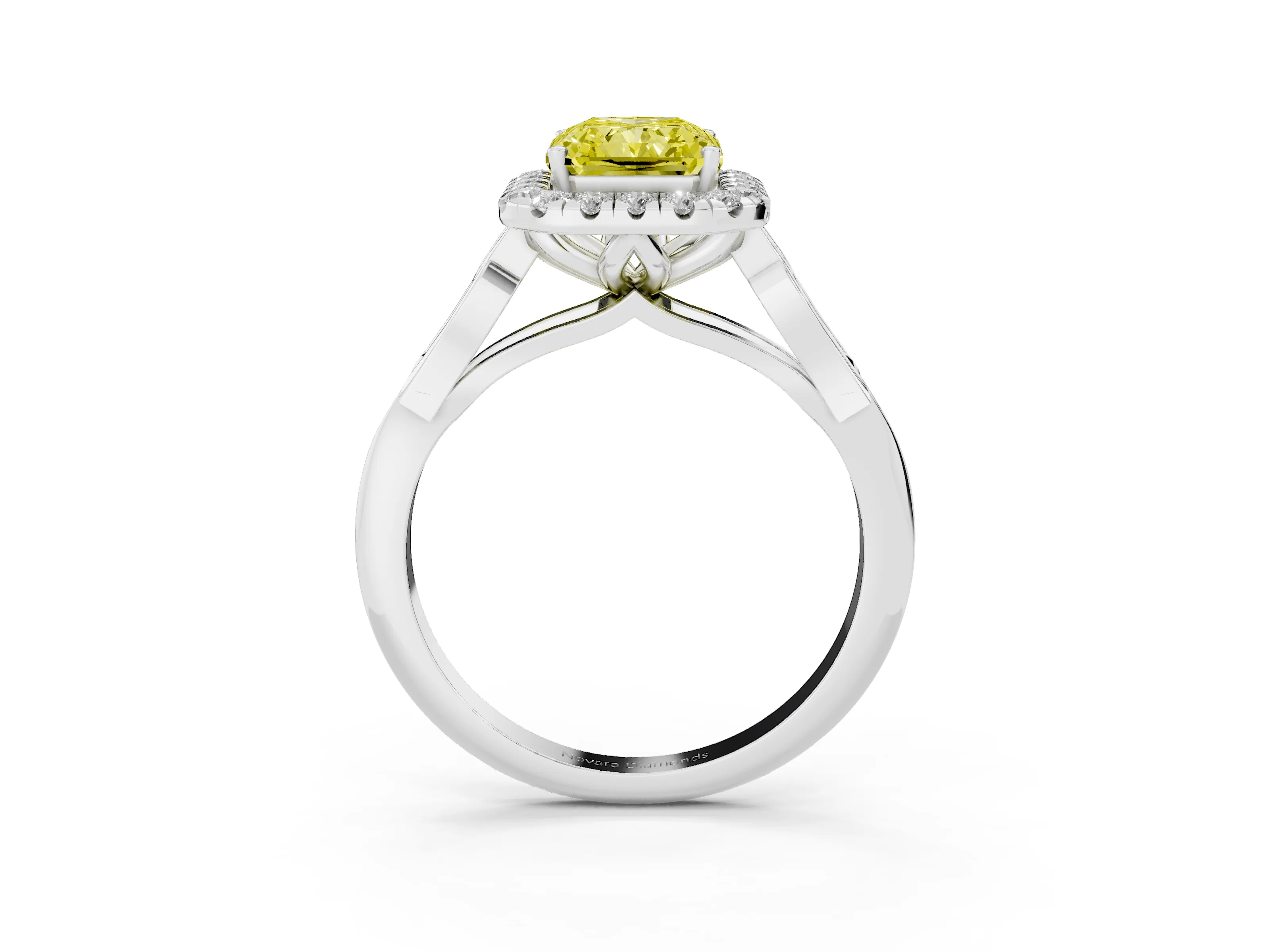Fancy Yellow Radiant Cut Diamond Halo Engagement Ring Set in White gold with Filigree Band and Prong-Set Center