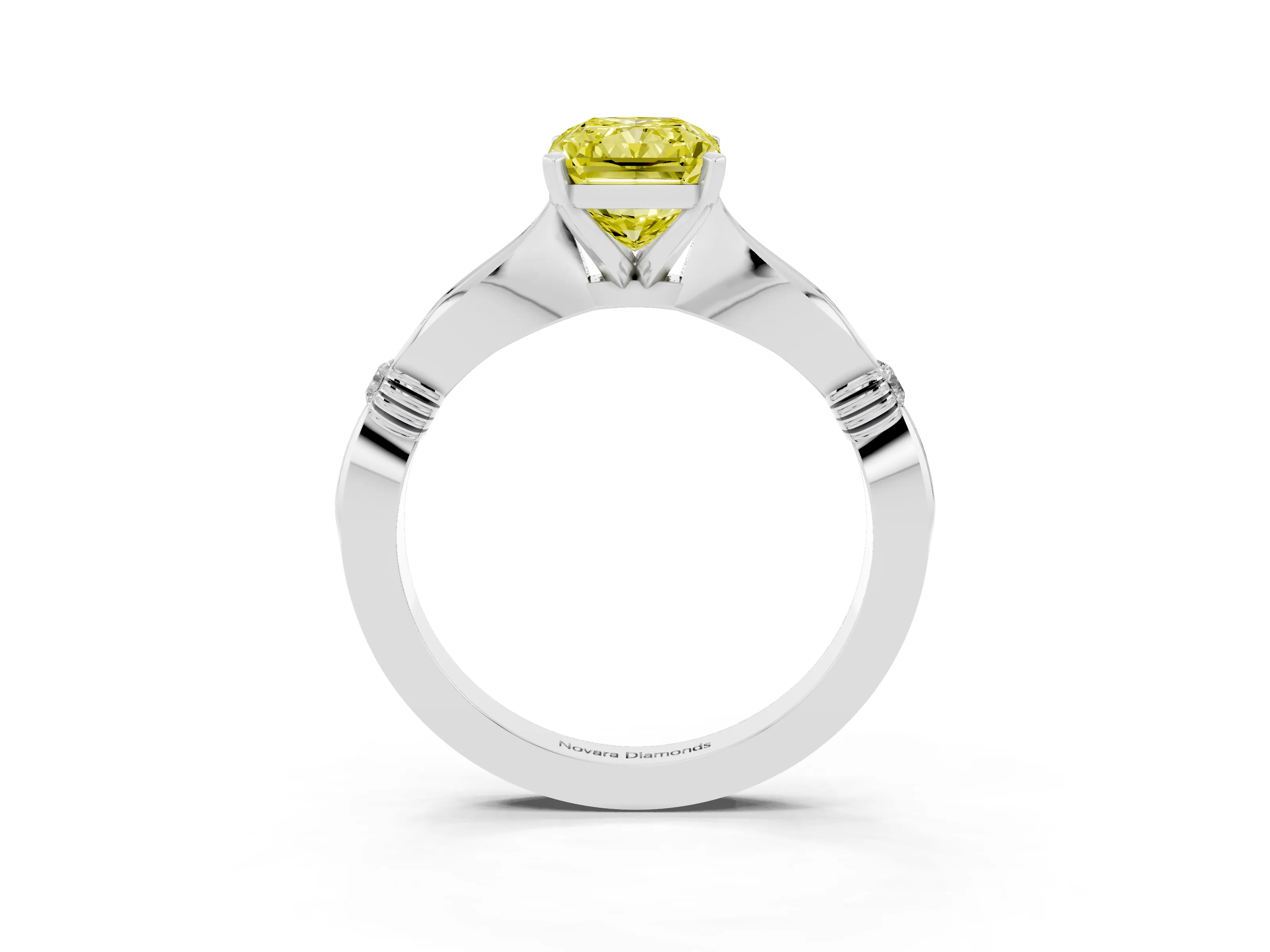 Fancy Yellow Radiant Cut Diamond Solitaire Twisted Band Ring Set in White gold with Accent Stones and Prong Setting