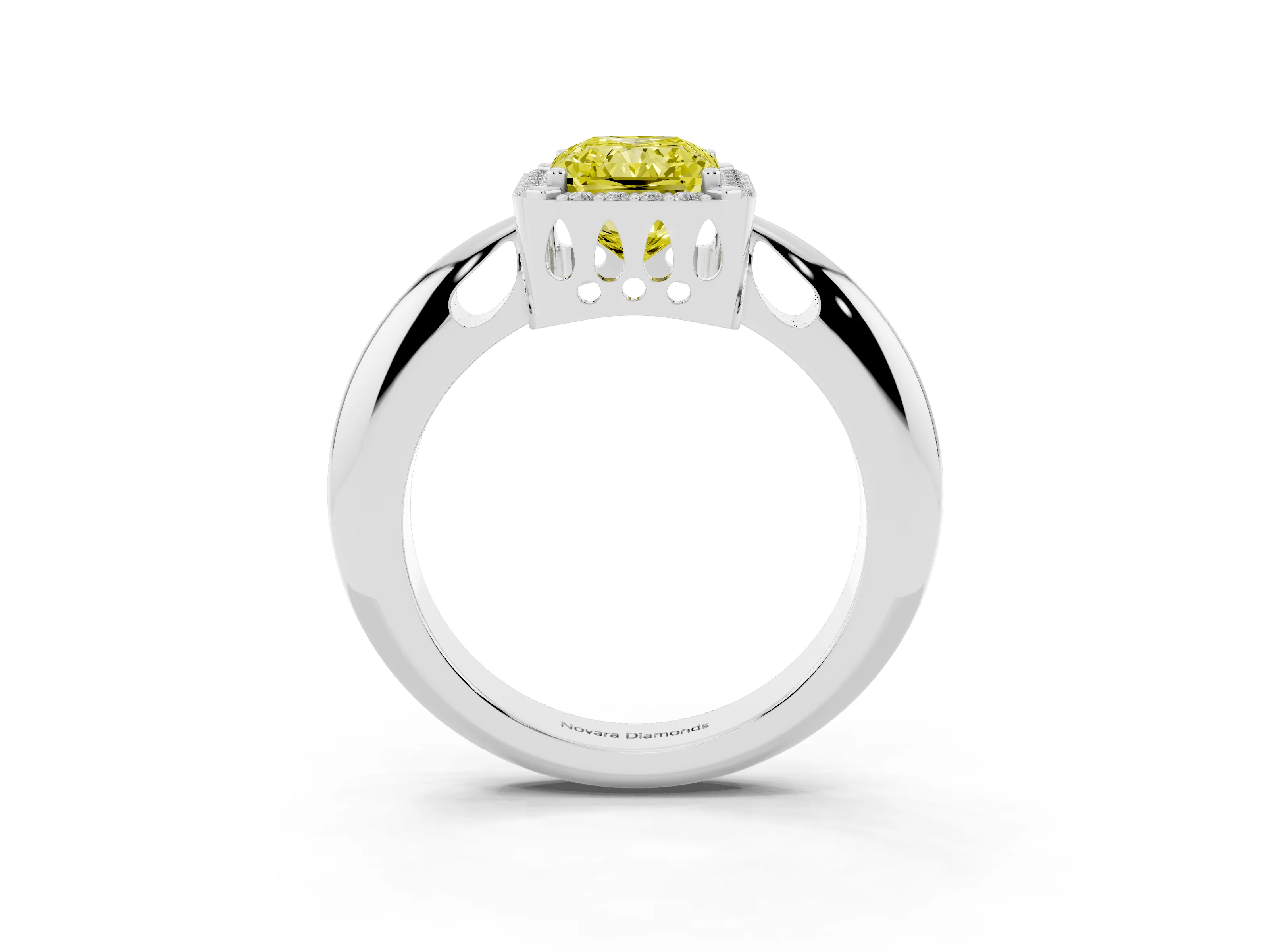 Fancy Yellow Radiant Cut Diamond Halo Engagement Ring Set in Platinum with Plain Split Shank and Prong Setting