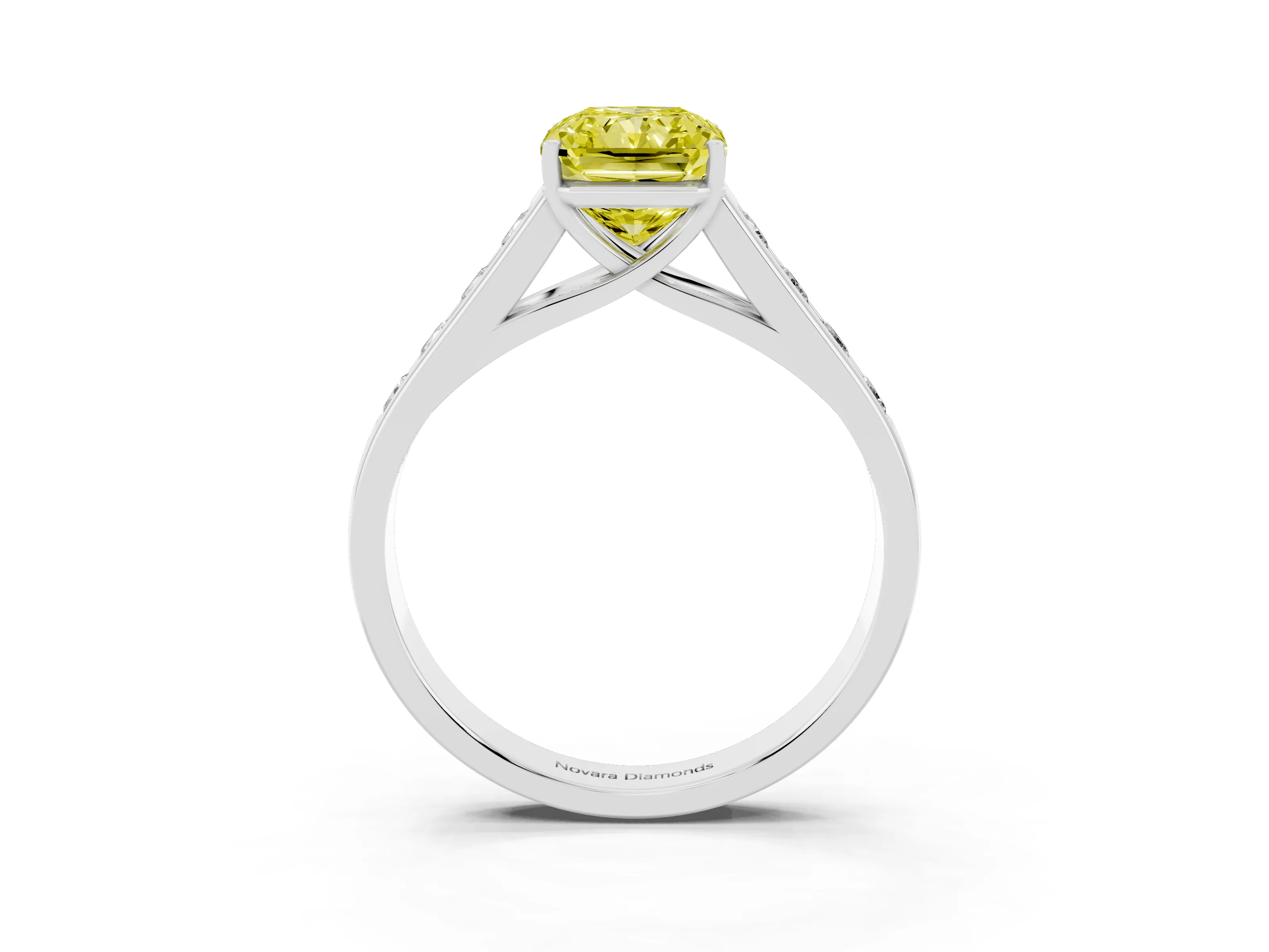 Fancy Yellow Radiant Cut Diamond Brilliant Channel-Set Solitaire Ring Set in White gold with Prong Setting