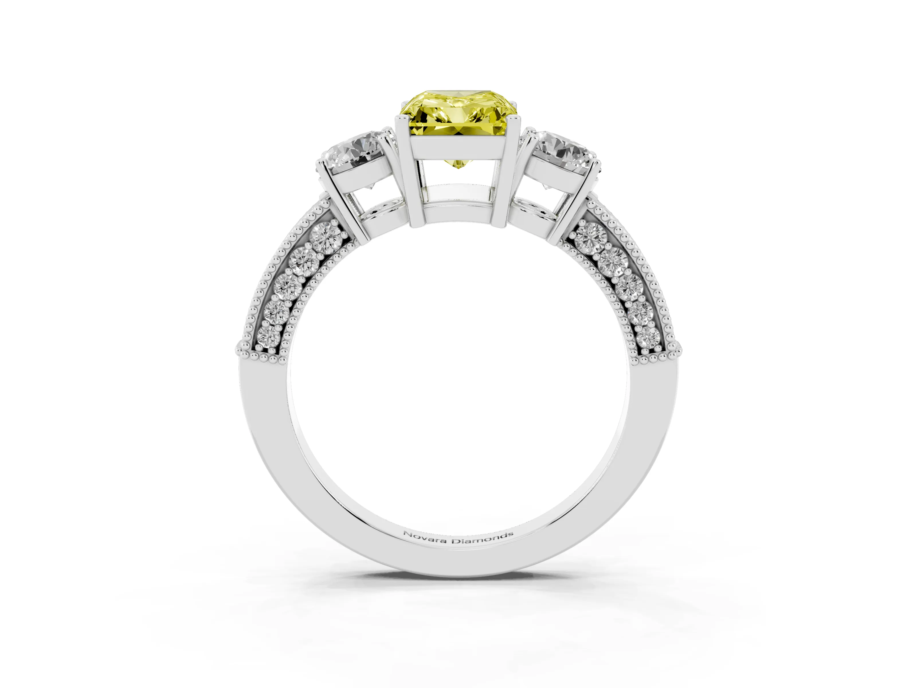 Fancy Yellow Radiant Cut Diamond Three-Stone Ring Set in Silver with Round Side Stones and Pavé Band