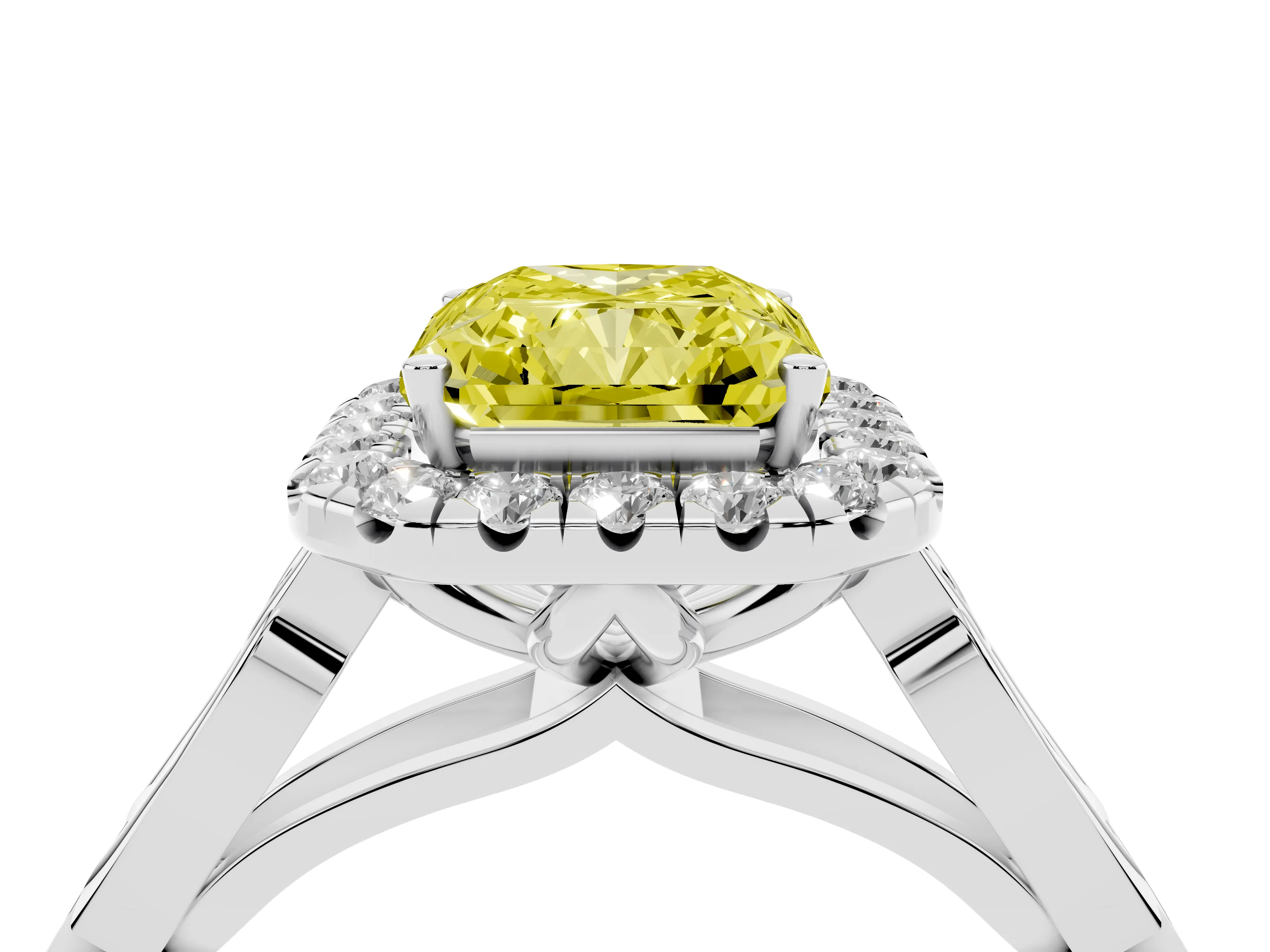 Fancy Yellow Radiant Cut Diamond Halo Engagement Ring Set in White gold with Filigree Band and Prong-Set Center