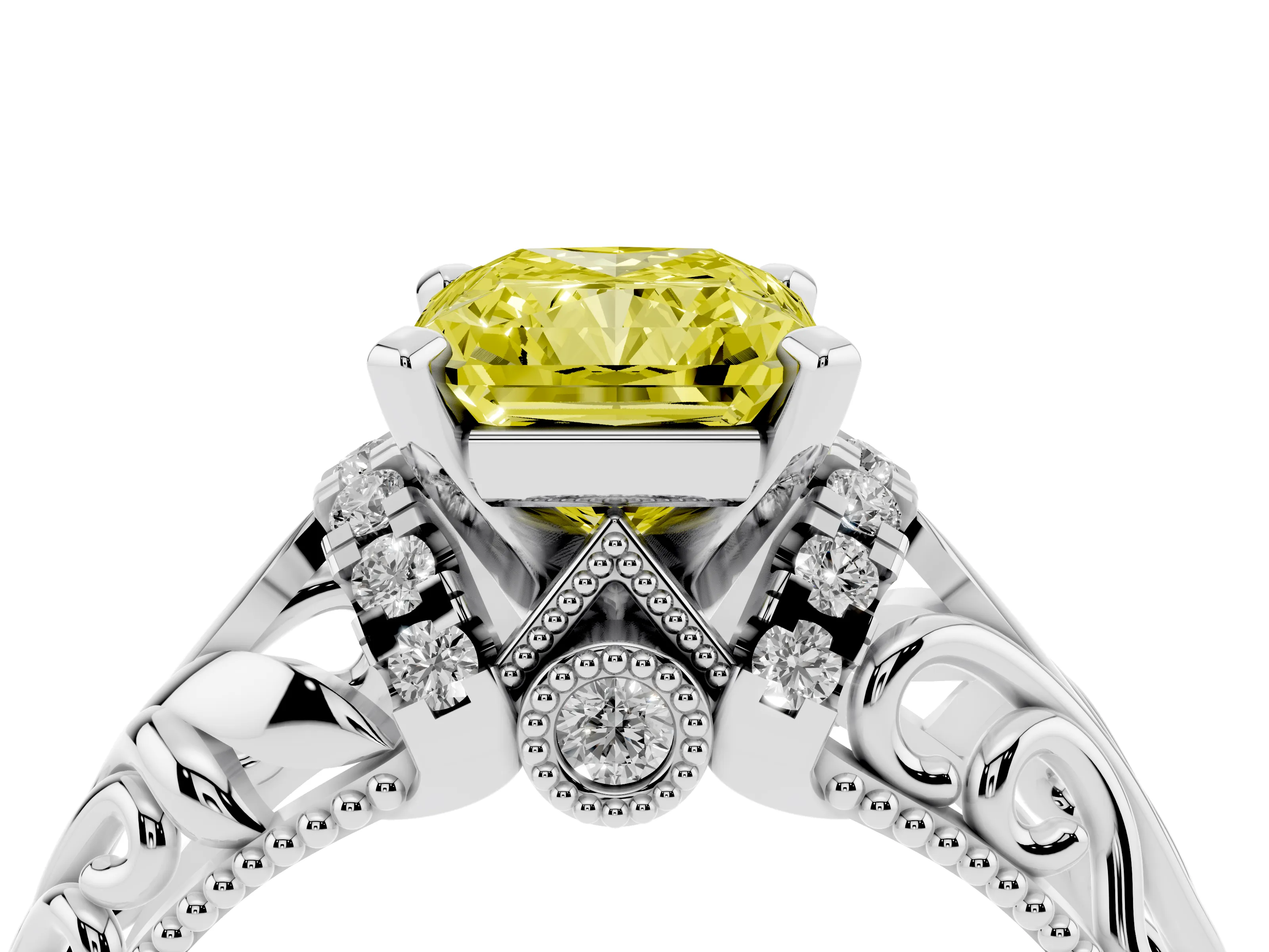 Fancy Yellow Radiant Cut Diamond Filigree Halo Engagement Ring Set in White gold with Prong Setting