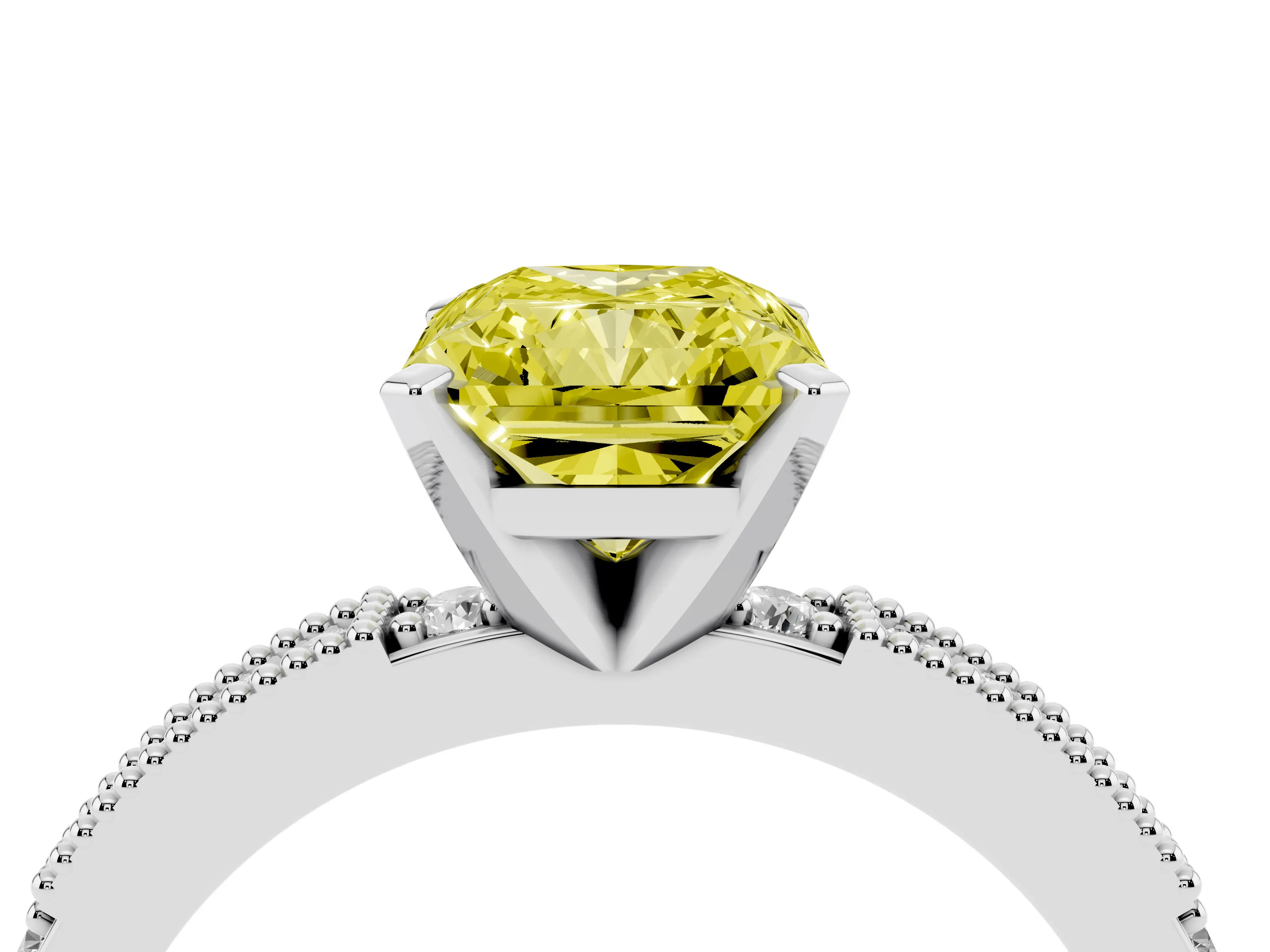 Fancy Yellow Radiant Cut Diamond Solitaire Ring Set in Platinum with Slim Pavé Band and Prong Setting