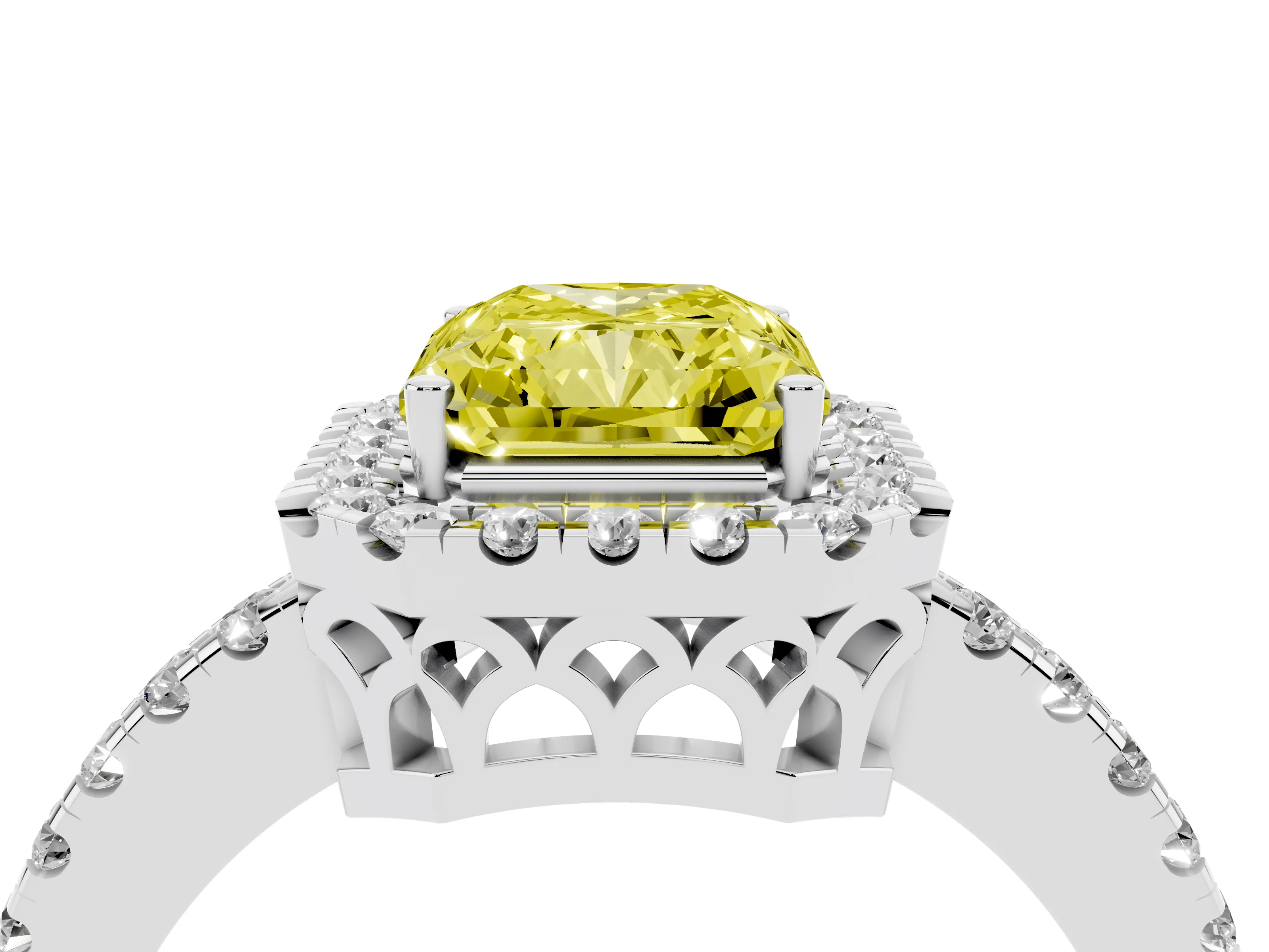 Fancy Yellow Radiant Cut Diamond Pavé Band Halo Engagement Ring Set in Platinum with Prong Setting