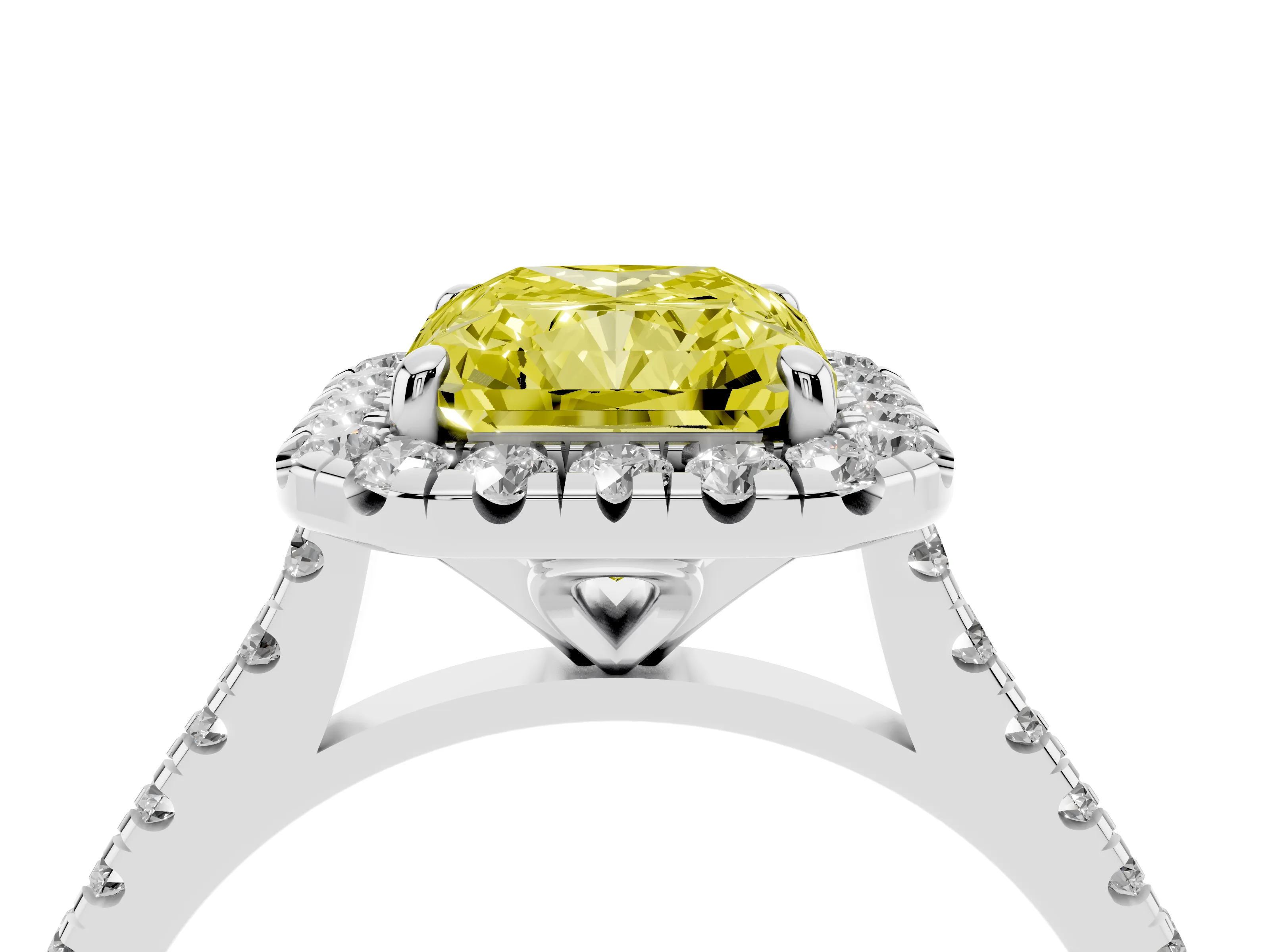 Fancy Yellow Radiant Cut Diamond Cushion Halo Ring Set in White gold with Pavé Band