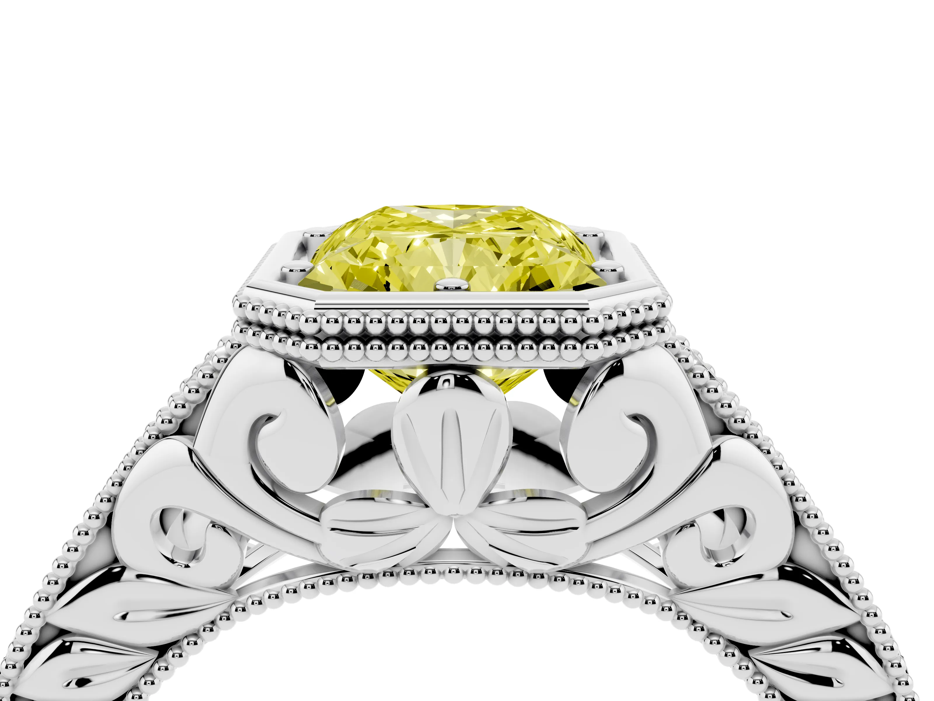 Fancy Yellow Bezel Set Radiant Cut Diamond Milgrain Pavé Engagement Ring Set in Silver