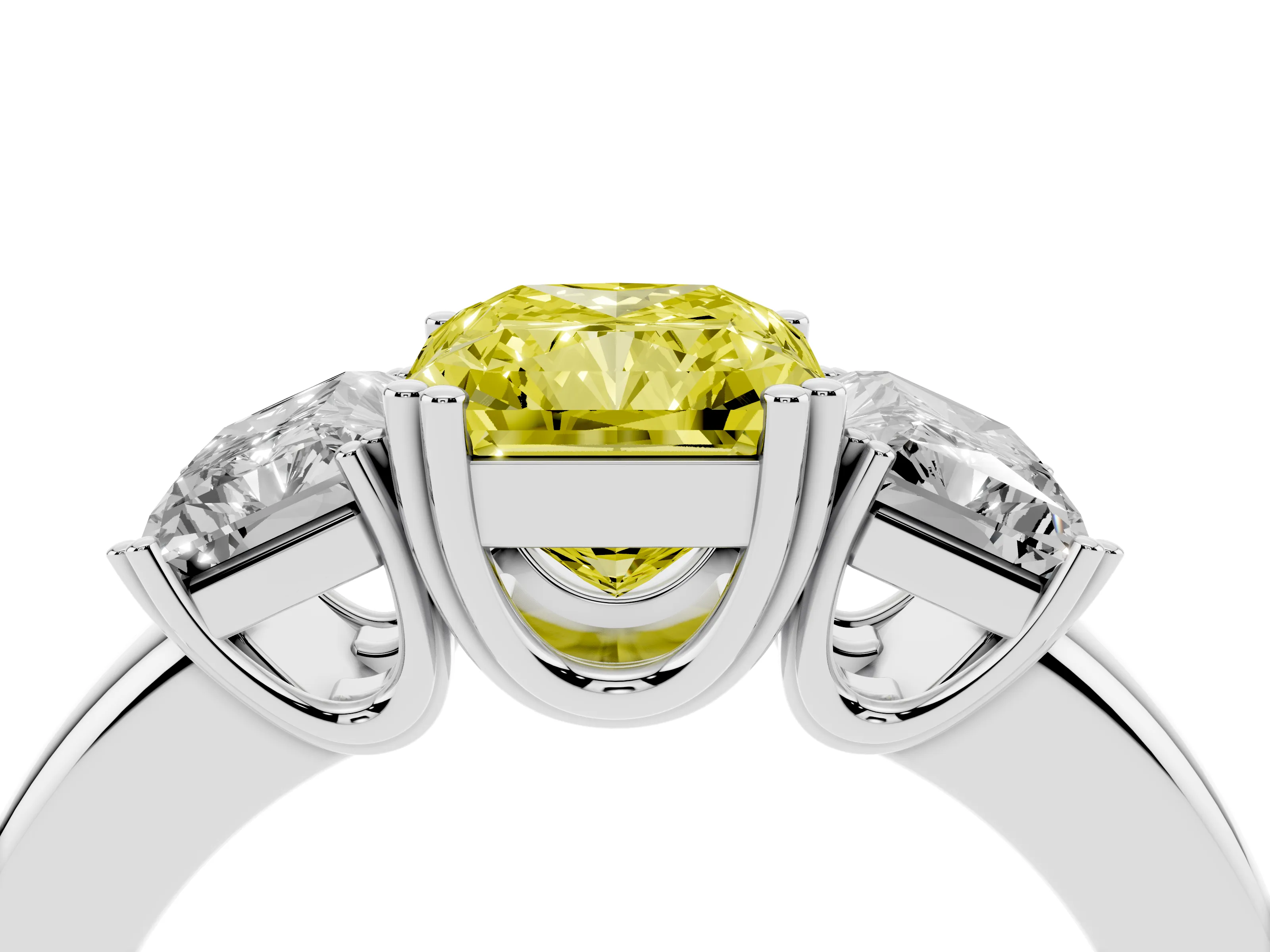 Fancy Yellow Radiant Cut Diamond Three-Stone Ring Set in Platinum with Polished Channel-Set Band