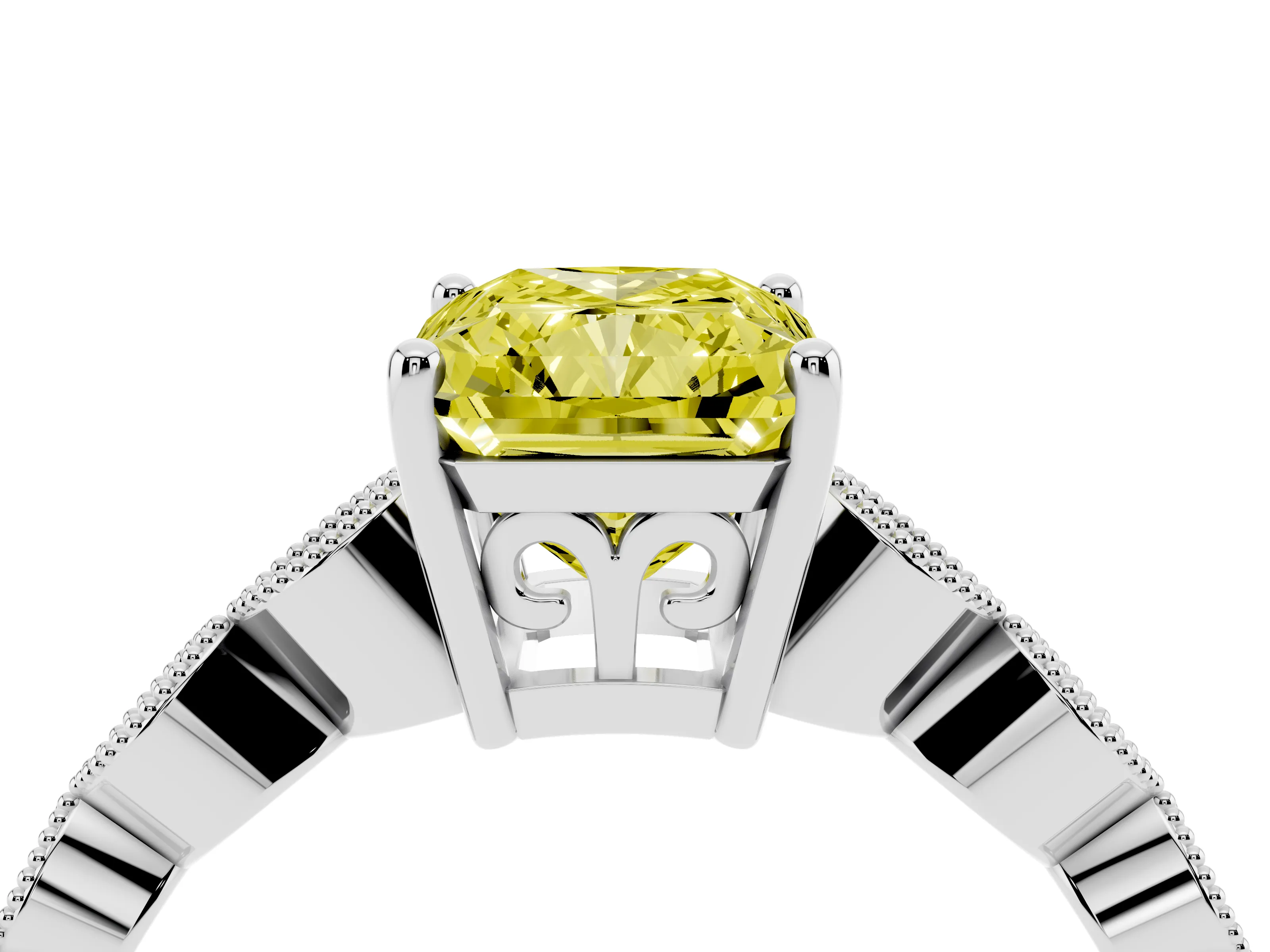 Fancy Yellow Radiant Cut Diamond Solitaire Ring Set in Platinum with Infinity Twist Pavé Band
