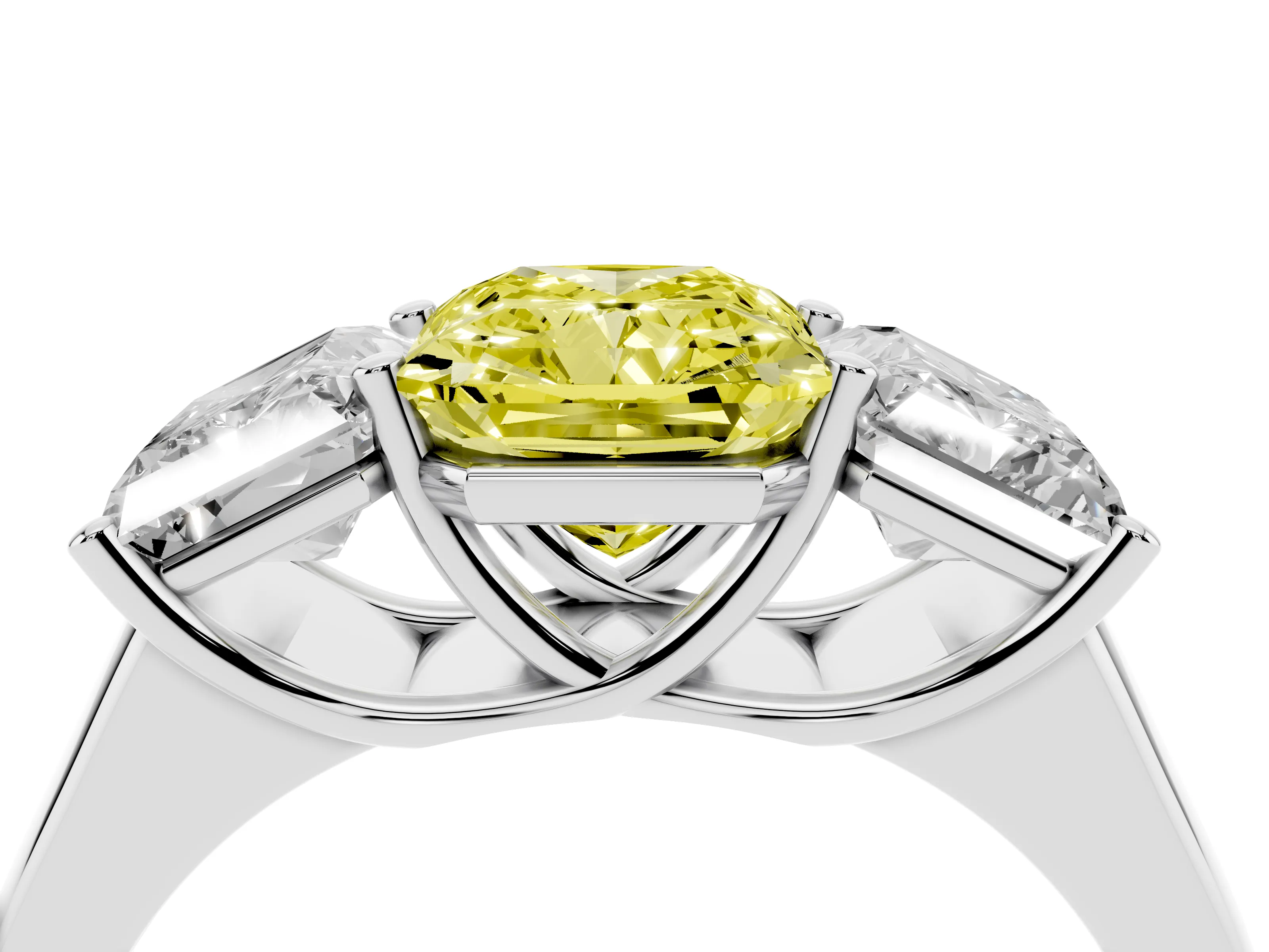 Fancy Yellow Radiant Cut Diamond Three-Stone Ring Set in White gold with Plain Polished Band