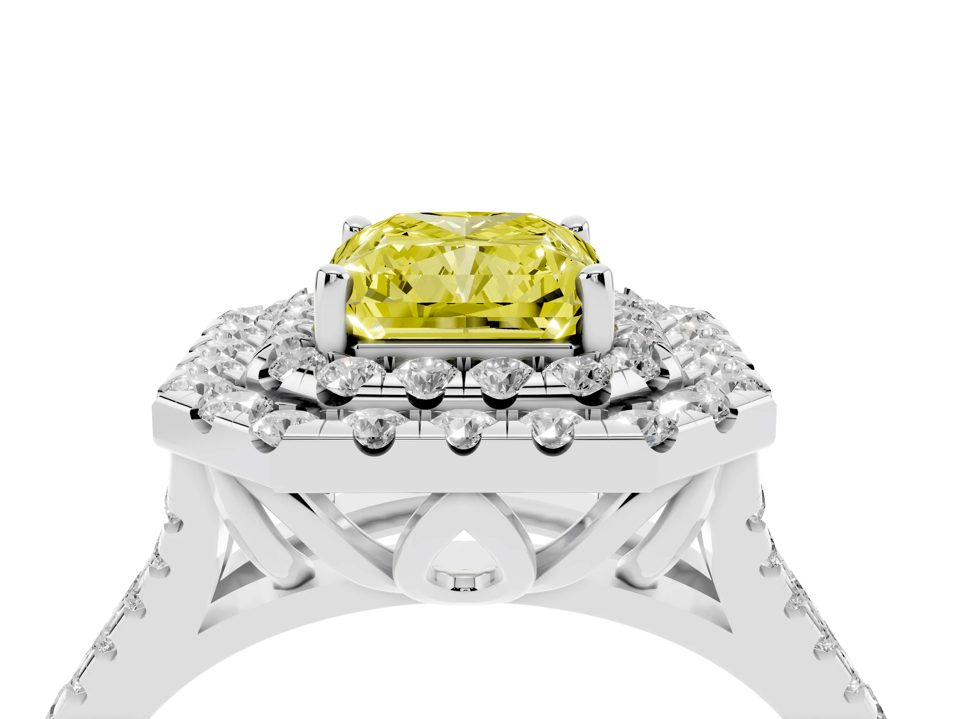 Fancy Yellow Radiant Cut Diamond Double Halo Ring Set in Silver with Pavé Split Shank and Prong Setting