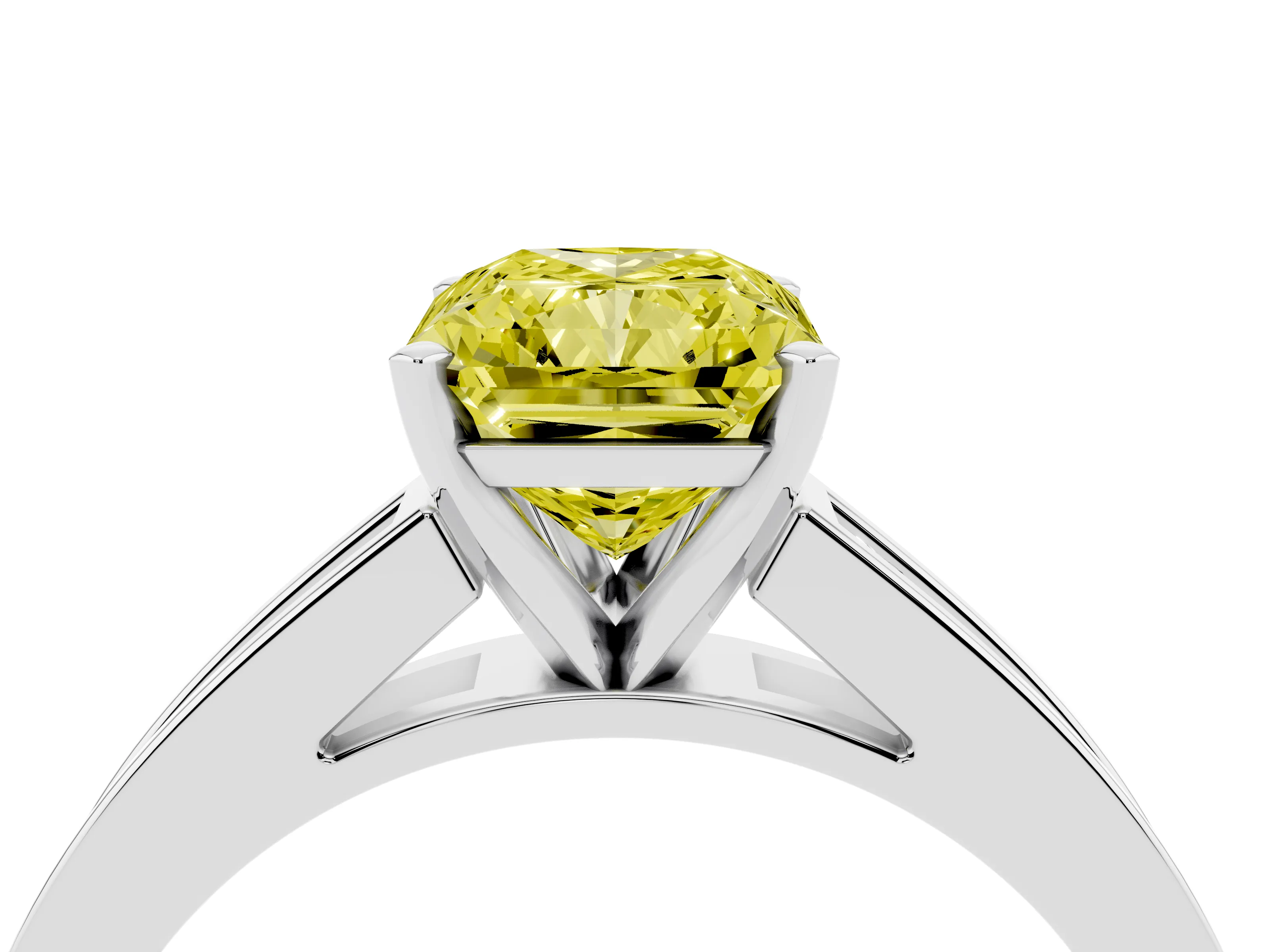 Fancy Yellow Radiant Cut Diamond Solitaire Ring Set in White gold with Channel-Set Band and Prong Setting