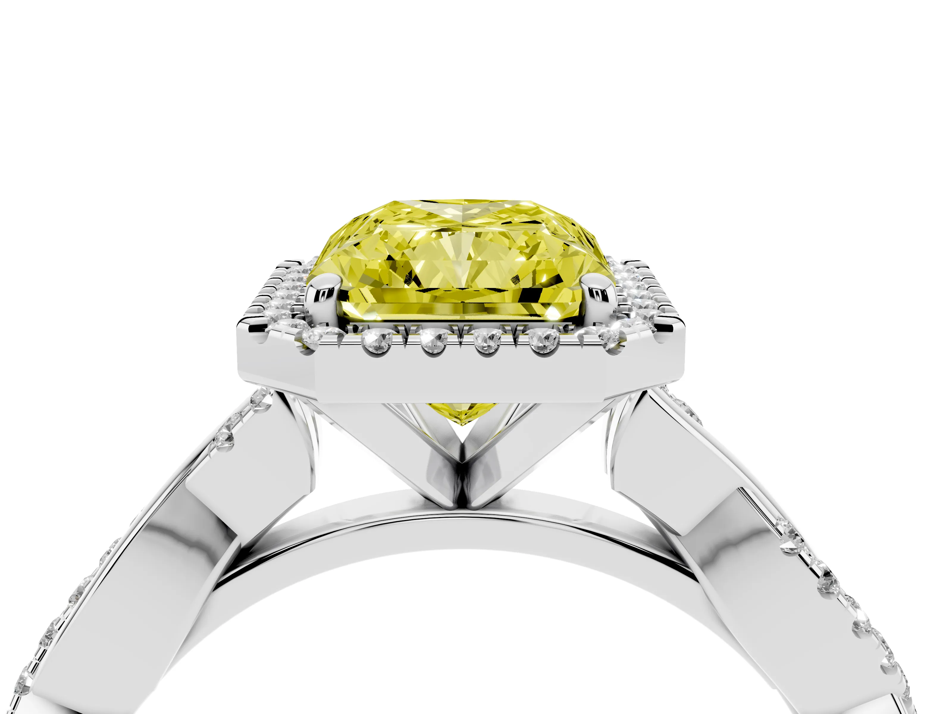 Fancy Yellow Radiant Cut Diamond Halo Twisted Band Ring Set in White gold with Prong Setting