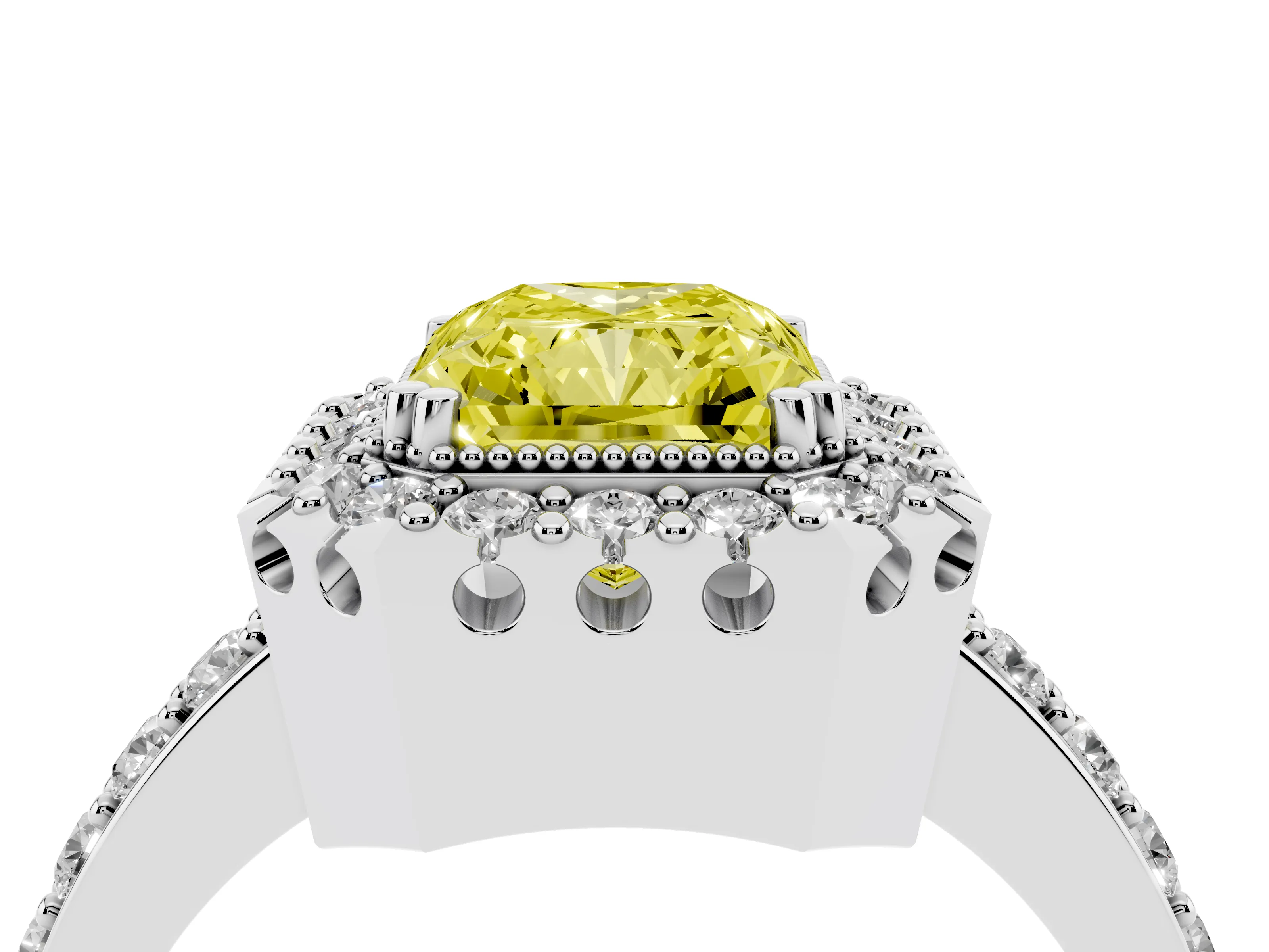 Fancy Yellow Radiant Cut Diamond Halo Ring Set in White gold with Pavé Shank and Prong Setting
