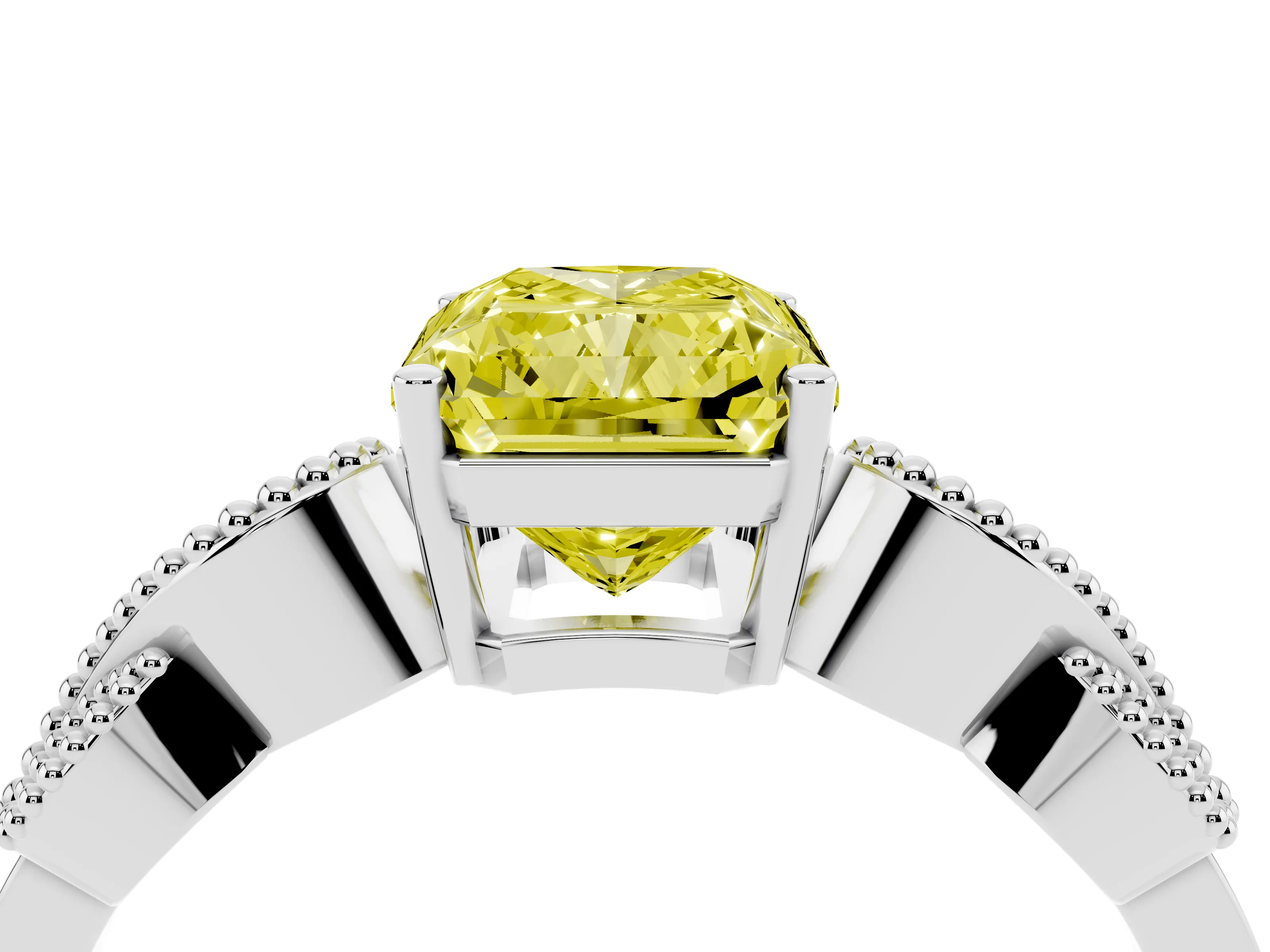 Fancy Yellow Radiant Cut Diamond Milgrain Leaf Band Solitaire Ring Set in Platinum with Accent Stones and Prong Setting
