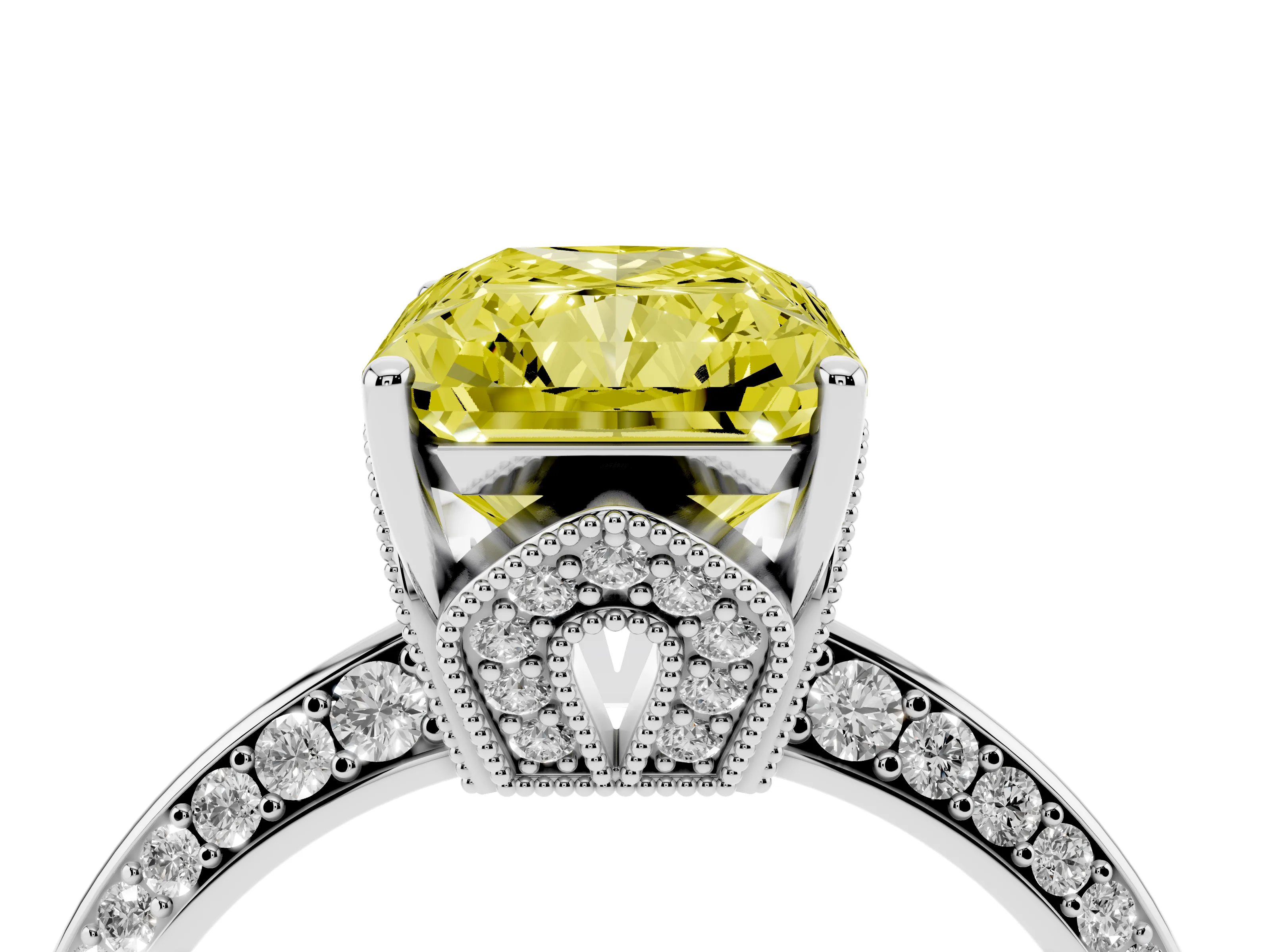 Fancy Yellow Radiant Cut Diamond Solitaire Engagement Ring Set in Silver with Pavé Split Shank and Prong Setting