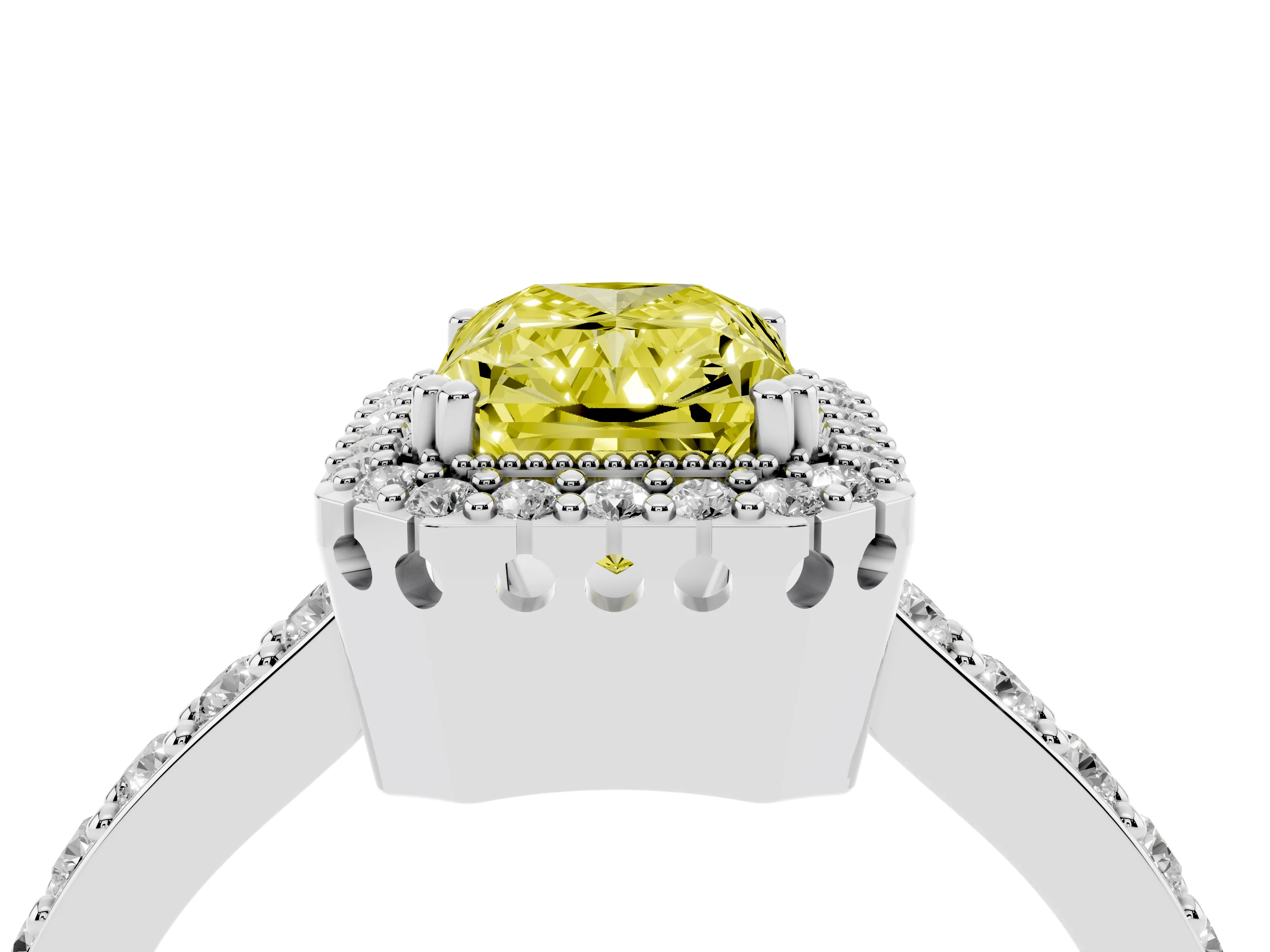 Fancy Yellow Radiant Cut Diamond Halo Engagement Ring Set in Silver with Milgrain Detail and Pavé Band