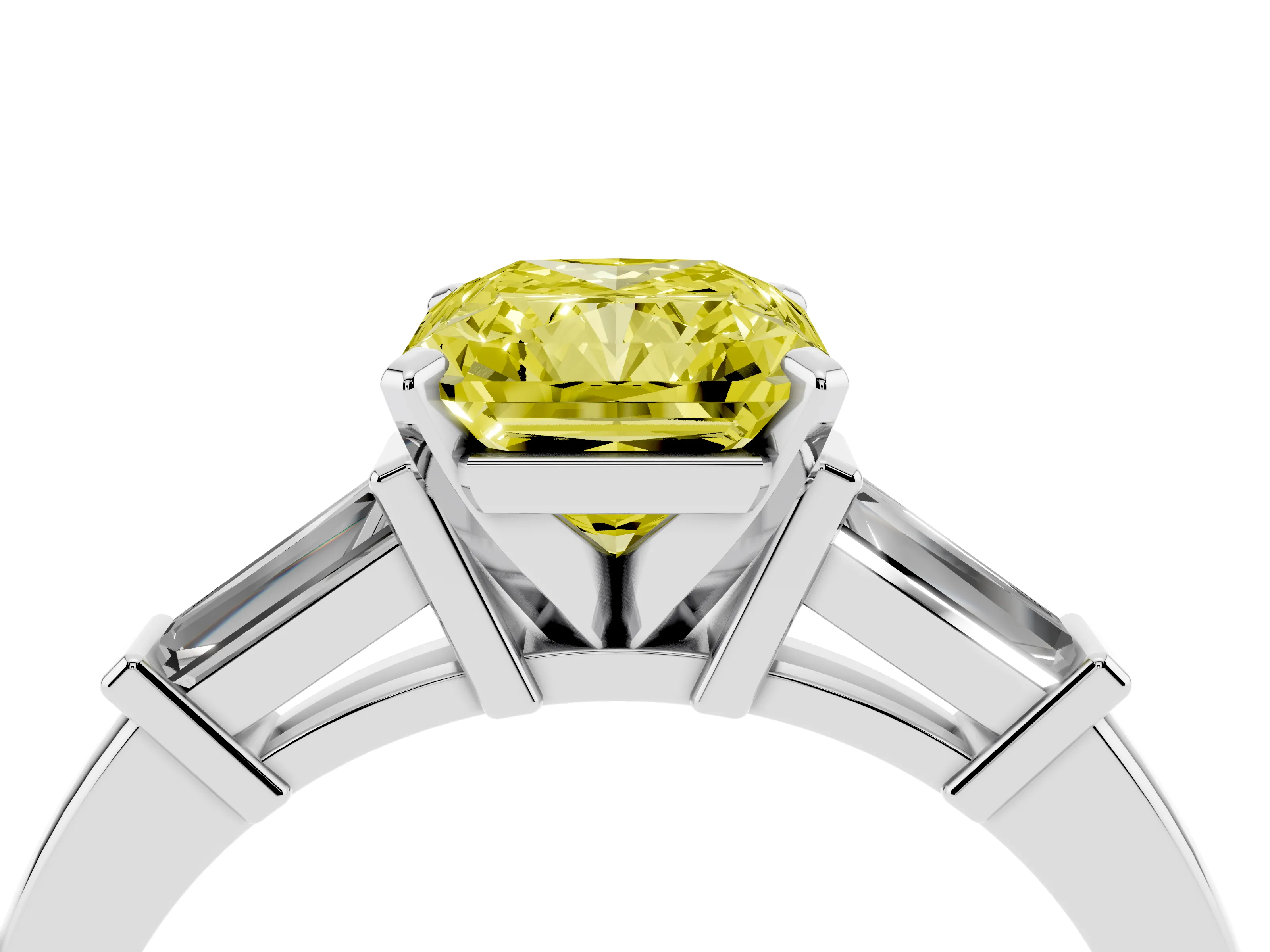 Fancy Yellow Radiant Cut Diamond Solitaire Ring Set in White gold with Tapered Baguette Accents and Prong Setting