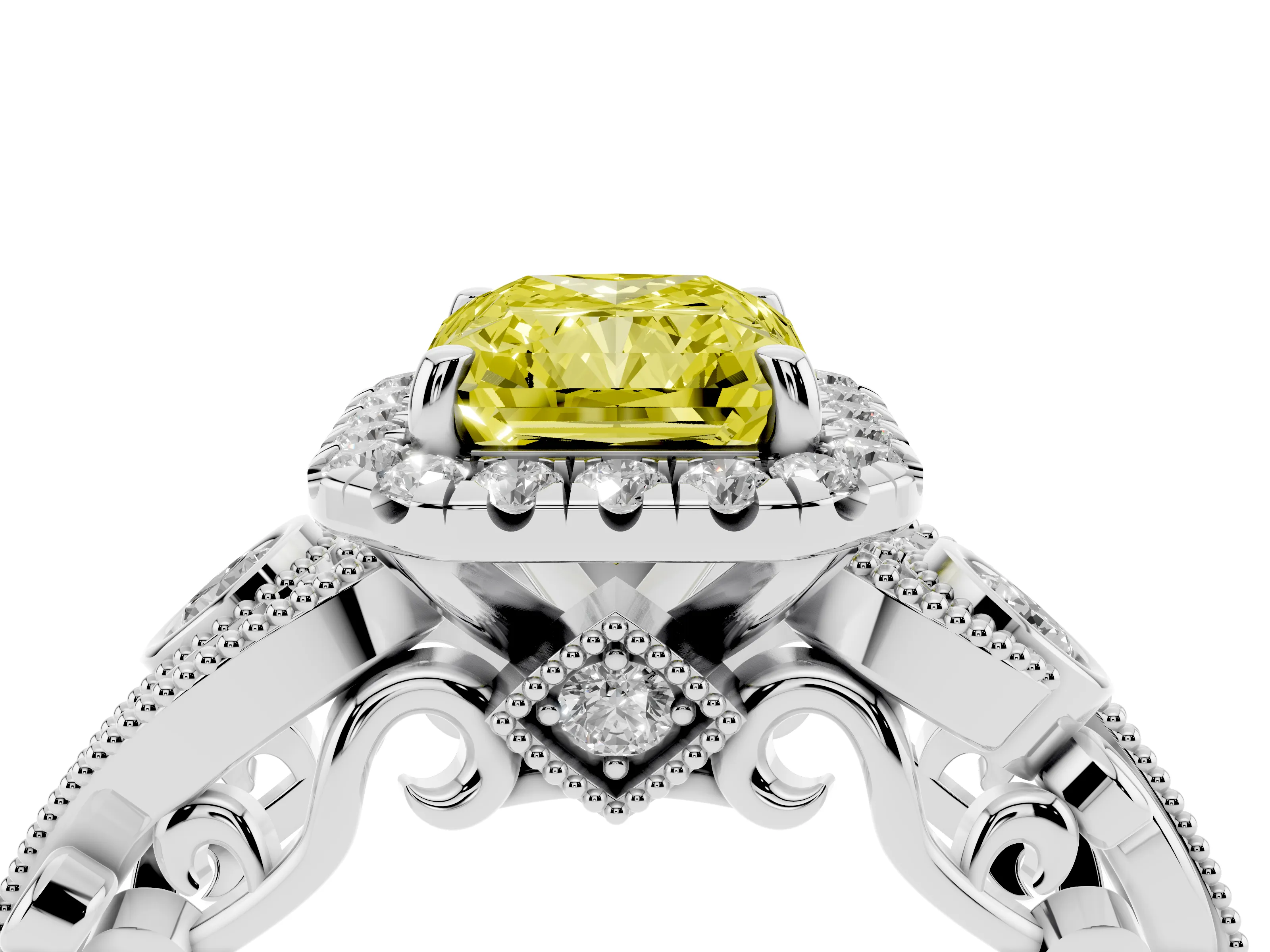Fancy Yellow Radiant Cut Diamond Halo Ring Set in White gold with Milgrain Pavé Band and Prong Setting
