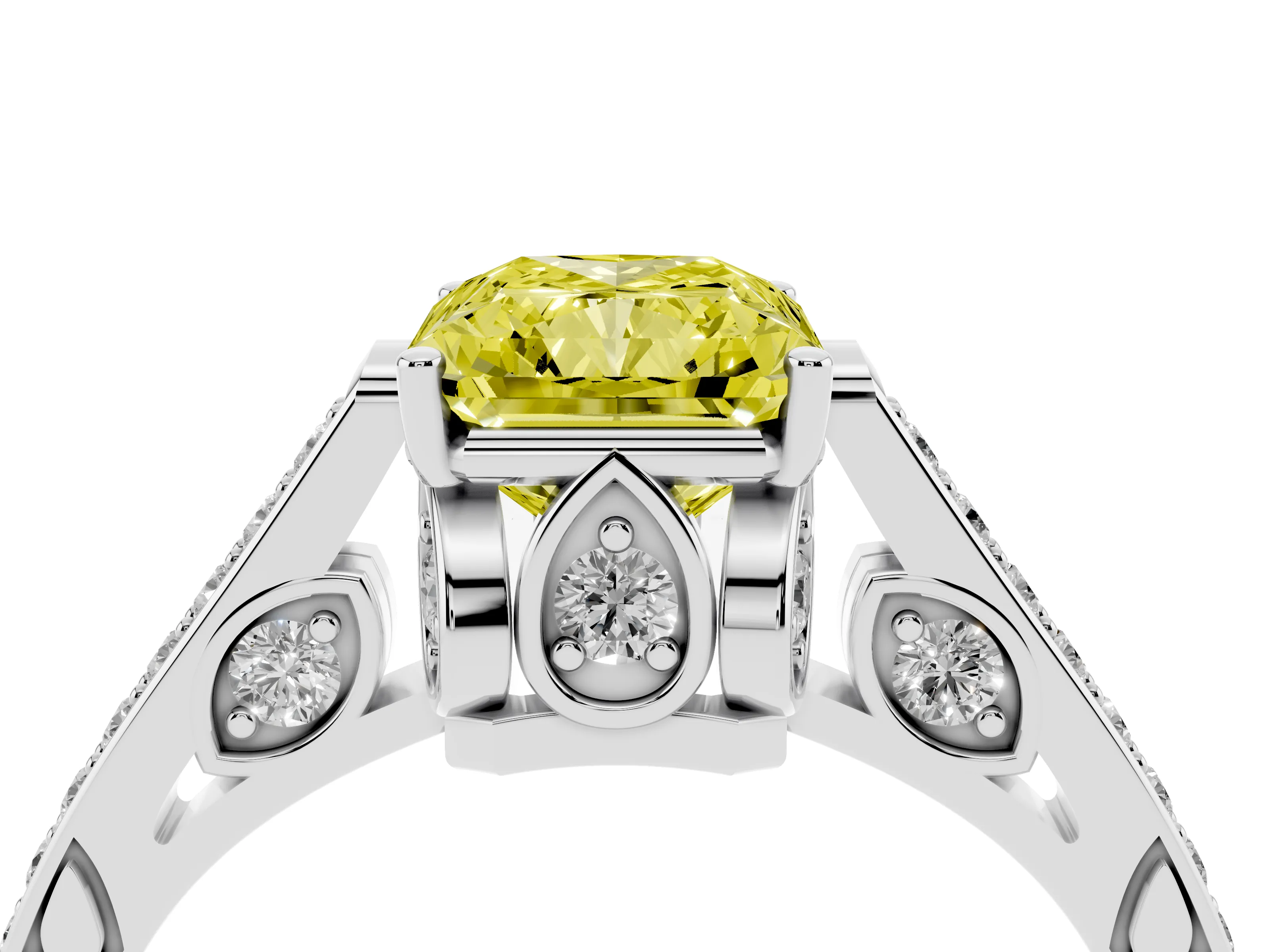 Fancy Yellow Radiant Cut Diamond Cathedral Pavé Engagement Ring Set in Silver with Prong Setting