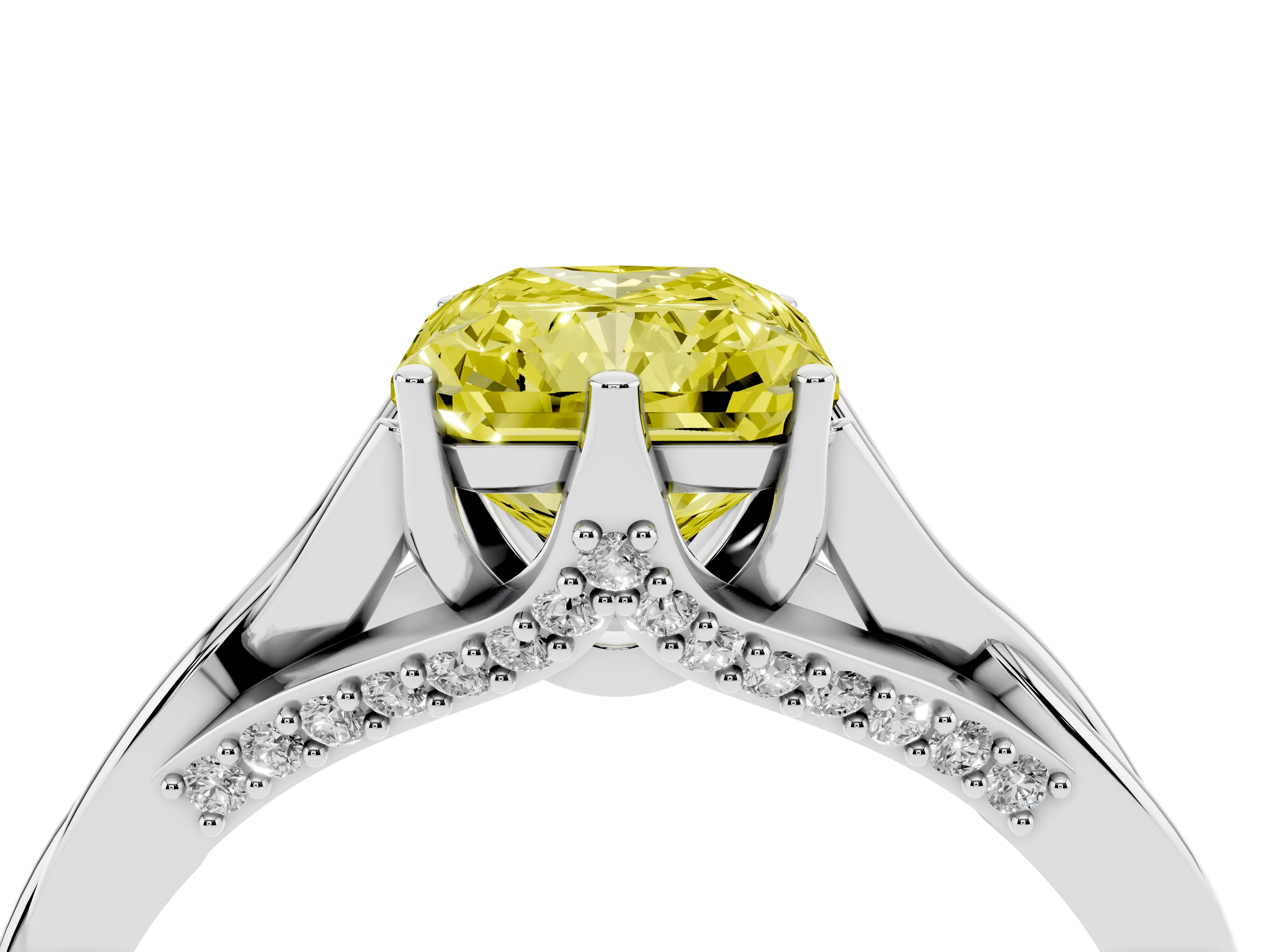 Fancy Yellow Radiant Cut Diamond Intertwined Twist Band Solitaire Ring Set in White gold with Prong Setting