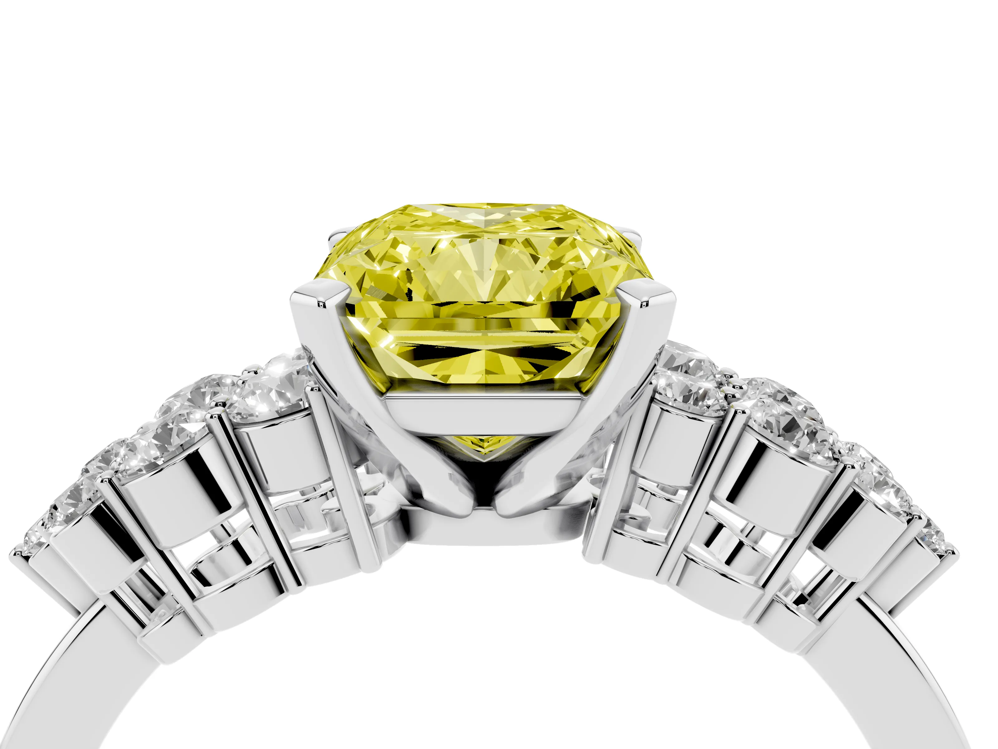 Fancy Yellow Radiant Cut Diamond Cluster Engagement Ring Set in Platinum with Pavé Band and Prong Setting