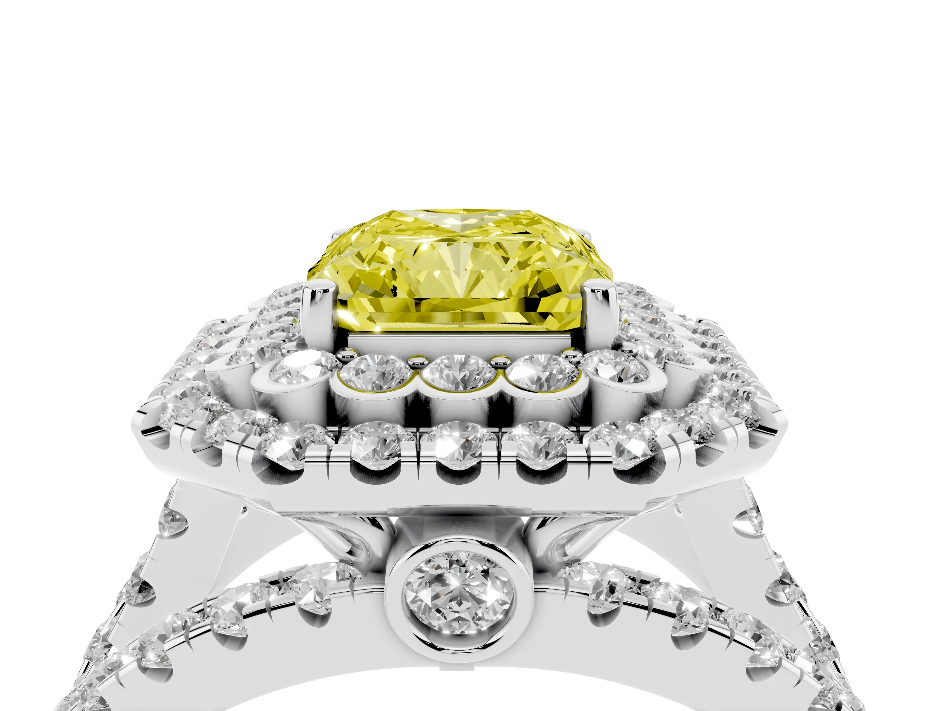 Fancy Yellow Radiant Cut Diamond Double Halo Ring Set in White gold with Round Pavé Split Shank
