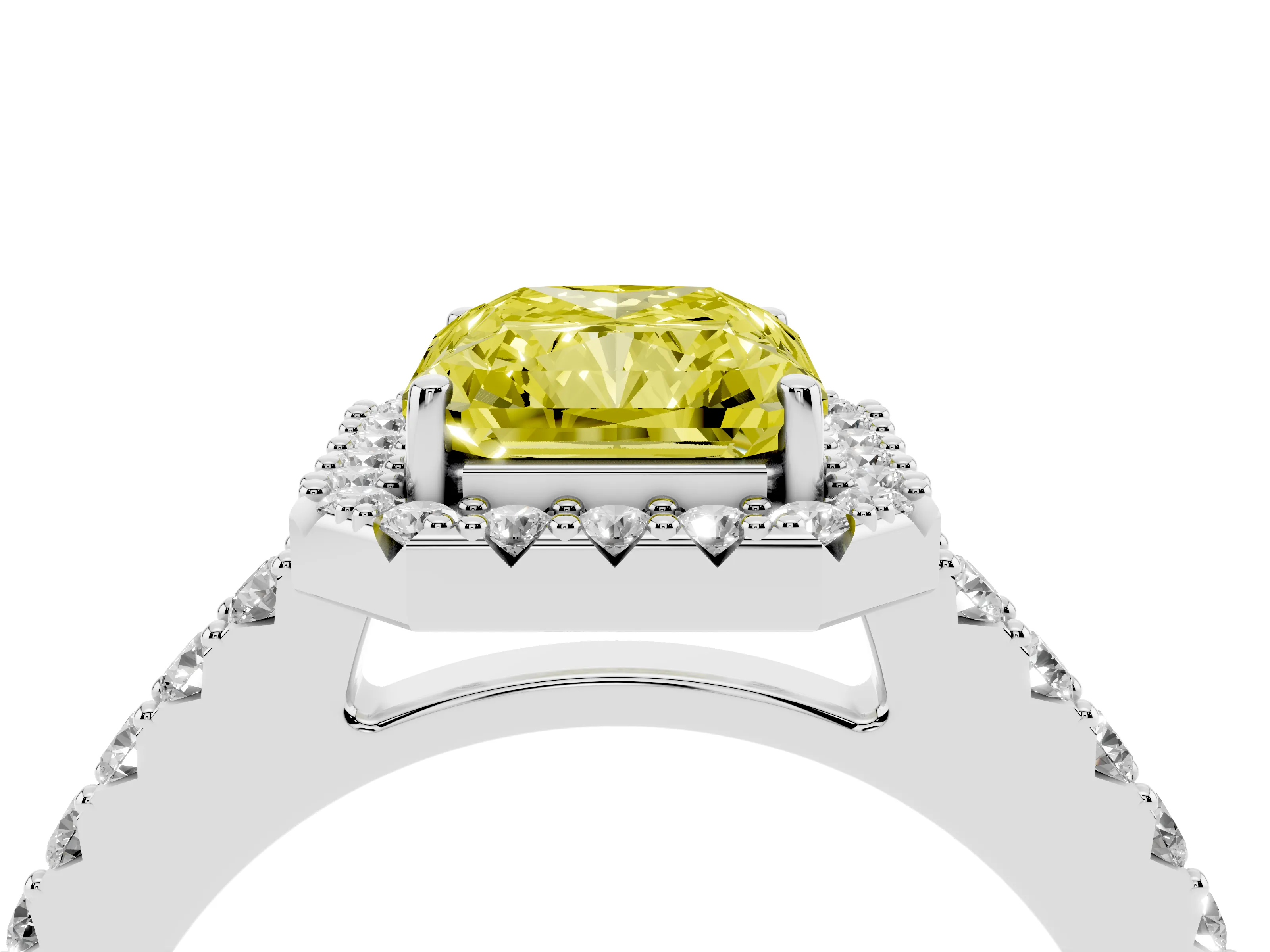 Fancy Yellow Radiant Cut Diamond Halo Pavé Solitaire Ring Set in Platinum with Prong-Set Center Stone