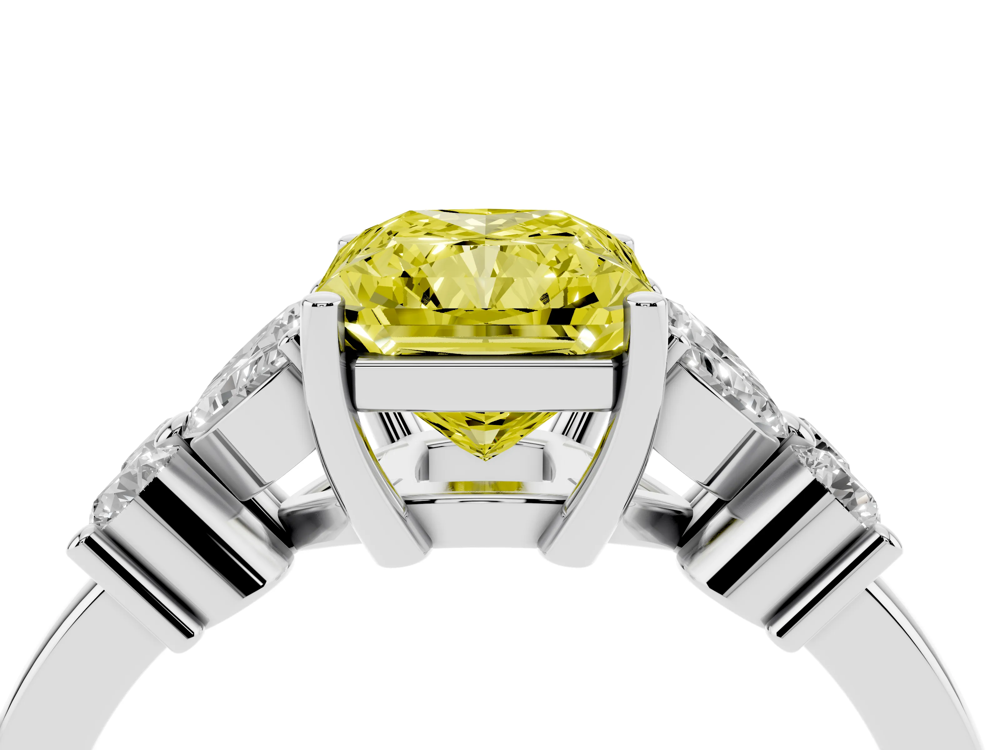 Fancy Yellow Radiant Cut Diamond Floral Cluster Ring Set in White gold with Marquise Petals and Prong Setting