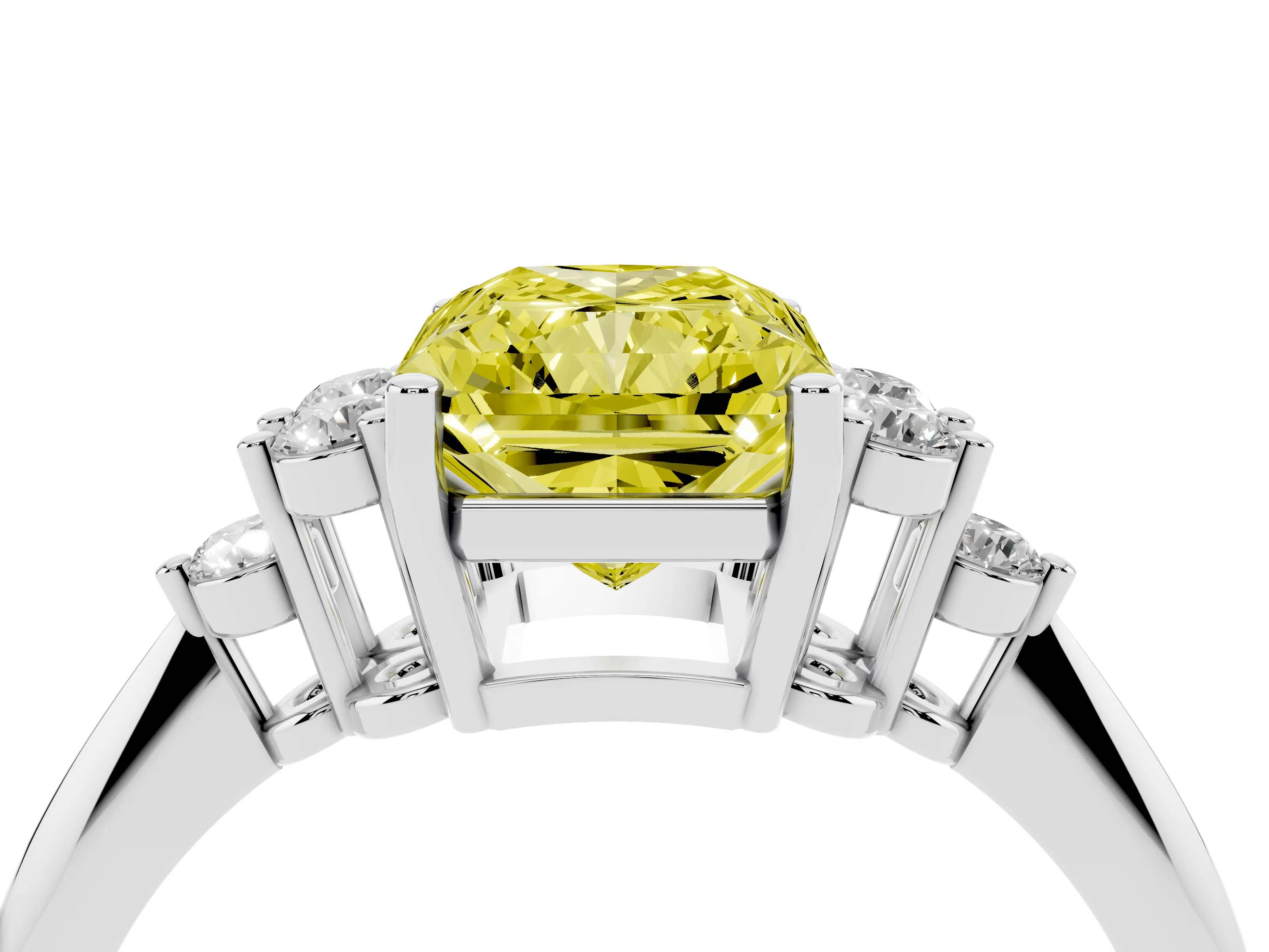 Fancy Yellow Radiant Cut Diamond Cluster Ring Set in White gold with Plain Band and Prong Setting