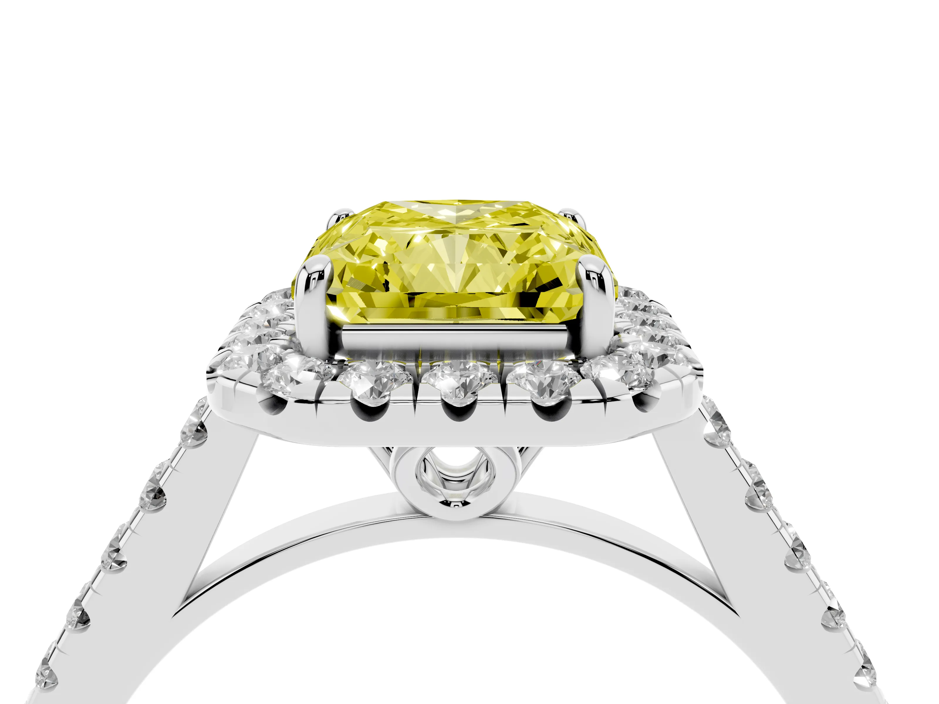 Fancy Yellow Radiant Cut Diamond Pavé Halo Engagement Ring Set in White gold with Pavé Band and Prong Setting