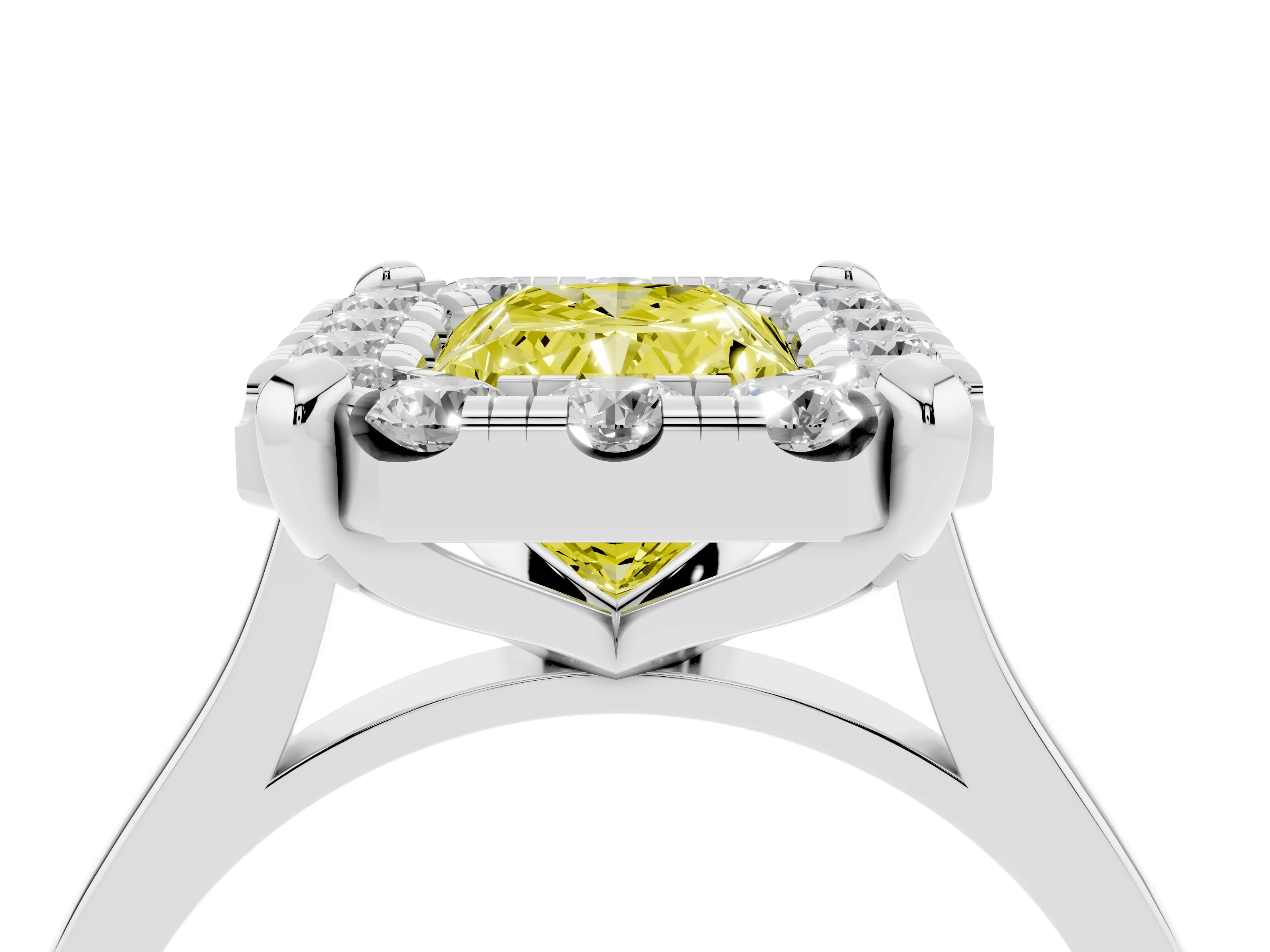 Fancy Yellow Radiant Cut Diamond Cluster Halo Solitaire Ring Set in White gold with Prong Setting