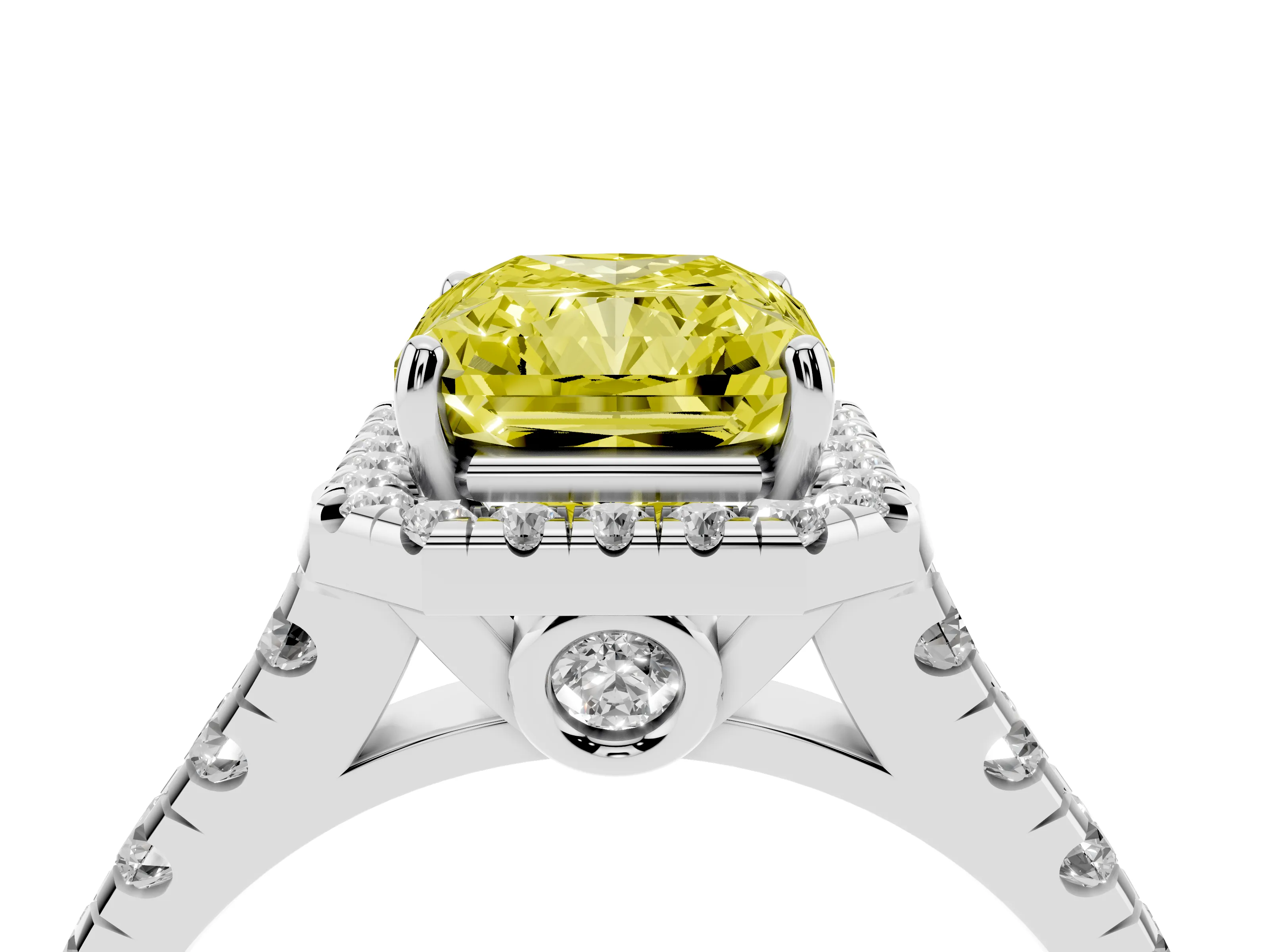 Fancy Yellow Radiant Cut Diamond Halo Engagement Ring Set in White gold with Pavé Band and Prong-Set Center