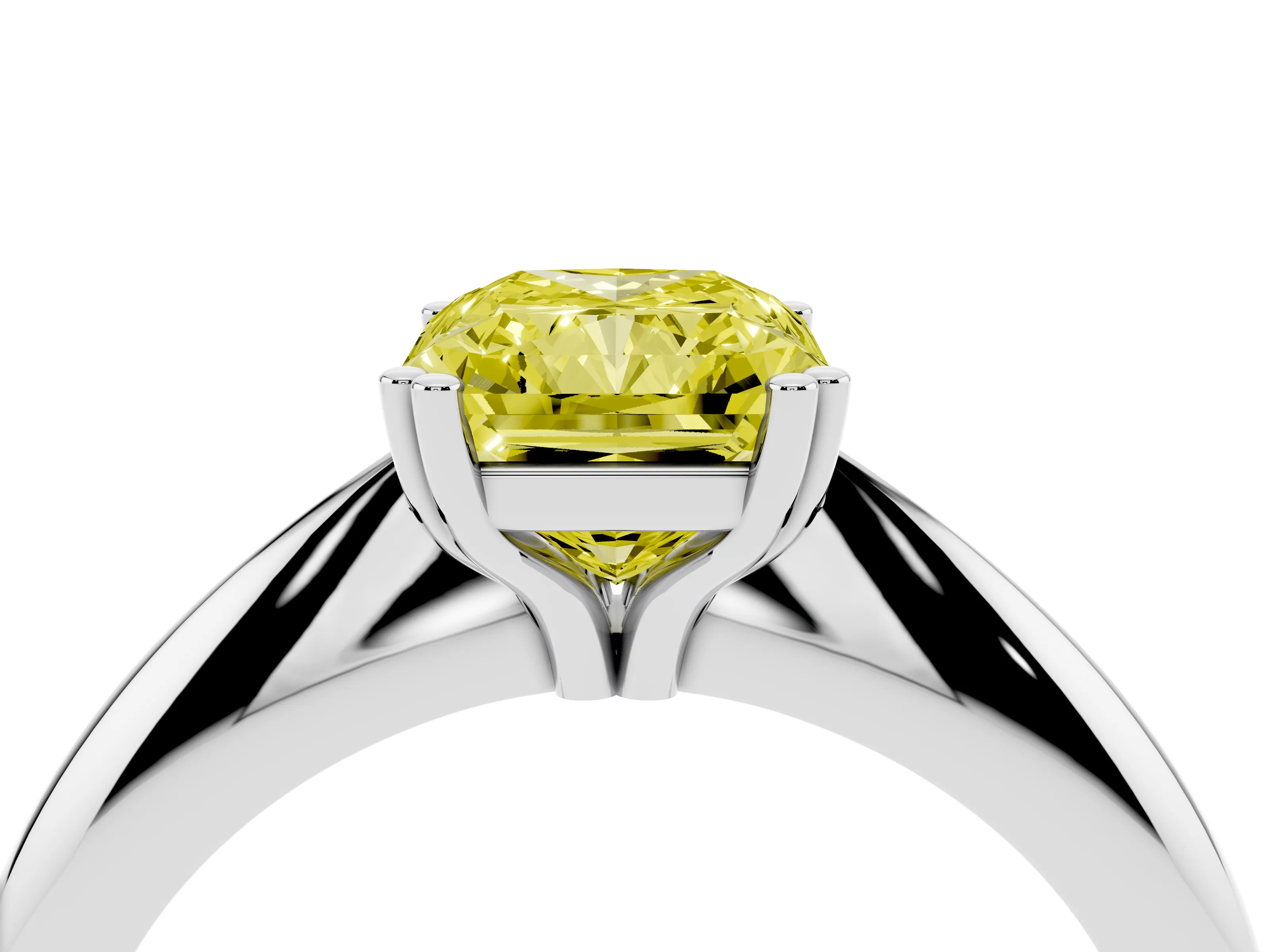 Fancy Yellow Radiant Cut Diamond Solitaire Engagement Ring Set in White gold with Tapered Band and Prong Setting