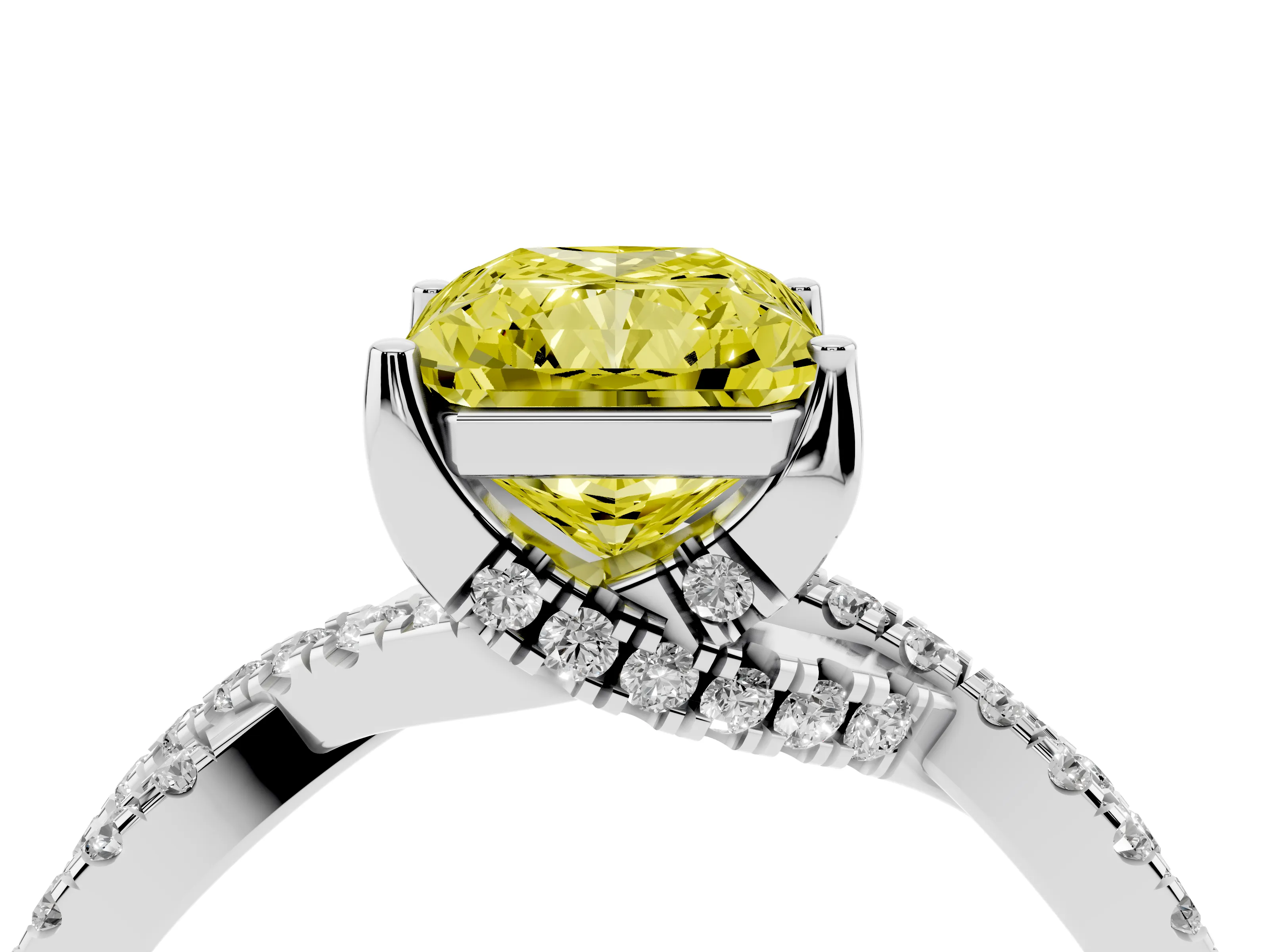 Fancy Yellow Radiant Cut Diamond Twist Pavé Solitaire Engagement Ring Set in Silver with Prong Setting