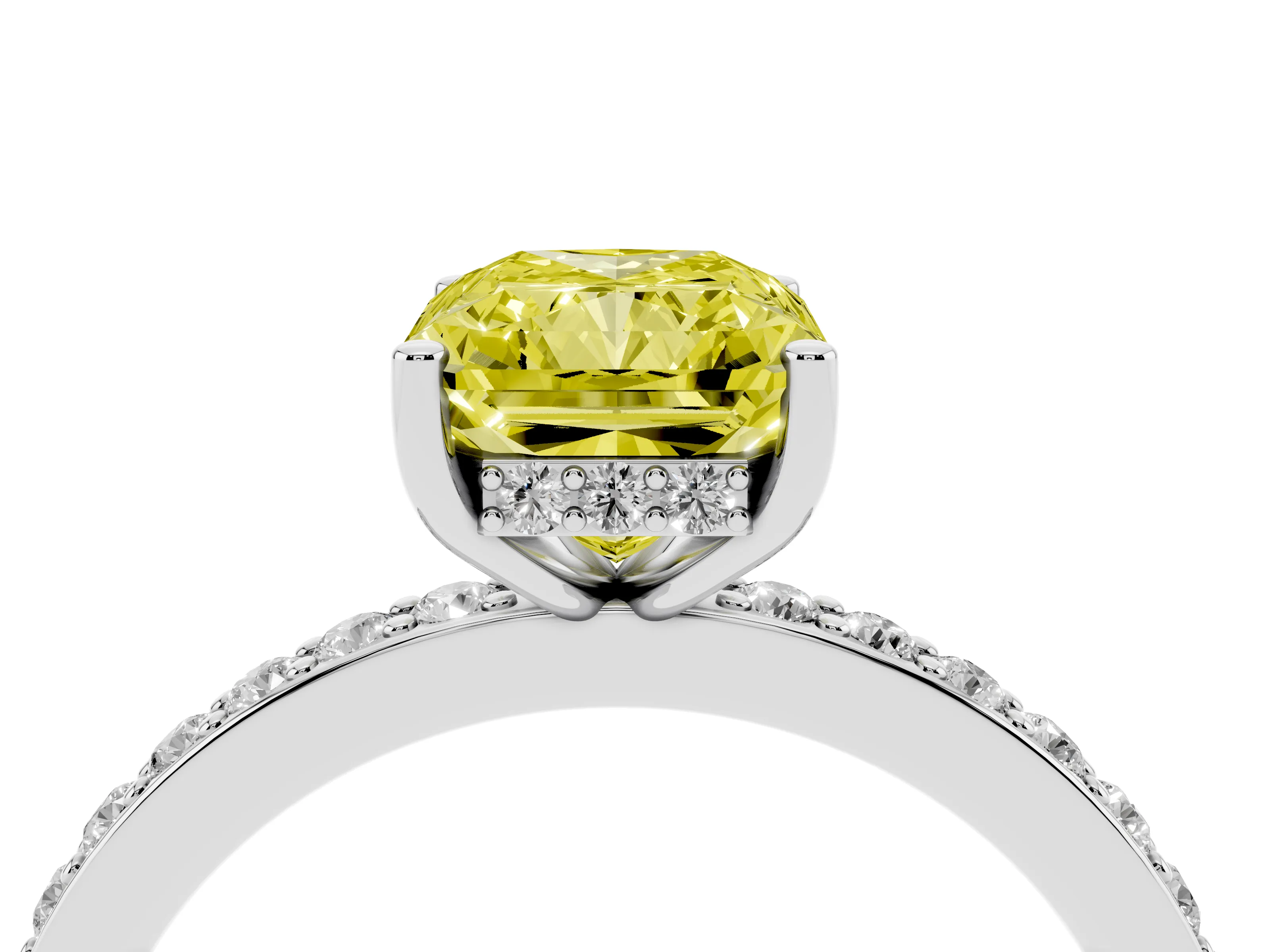 Fancy Yellow Radiant Cut Diamond Pavé Band Ring Set in White gold with Prong-Set Center Stone