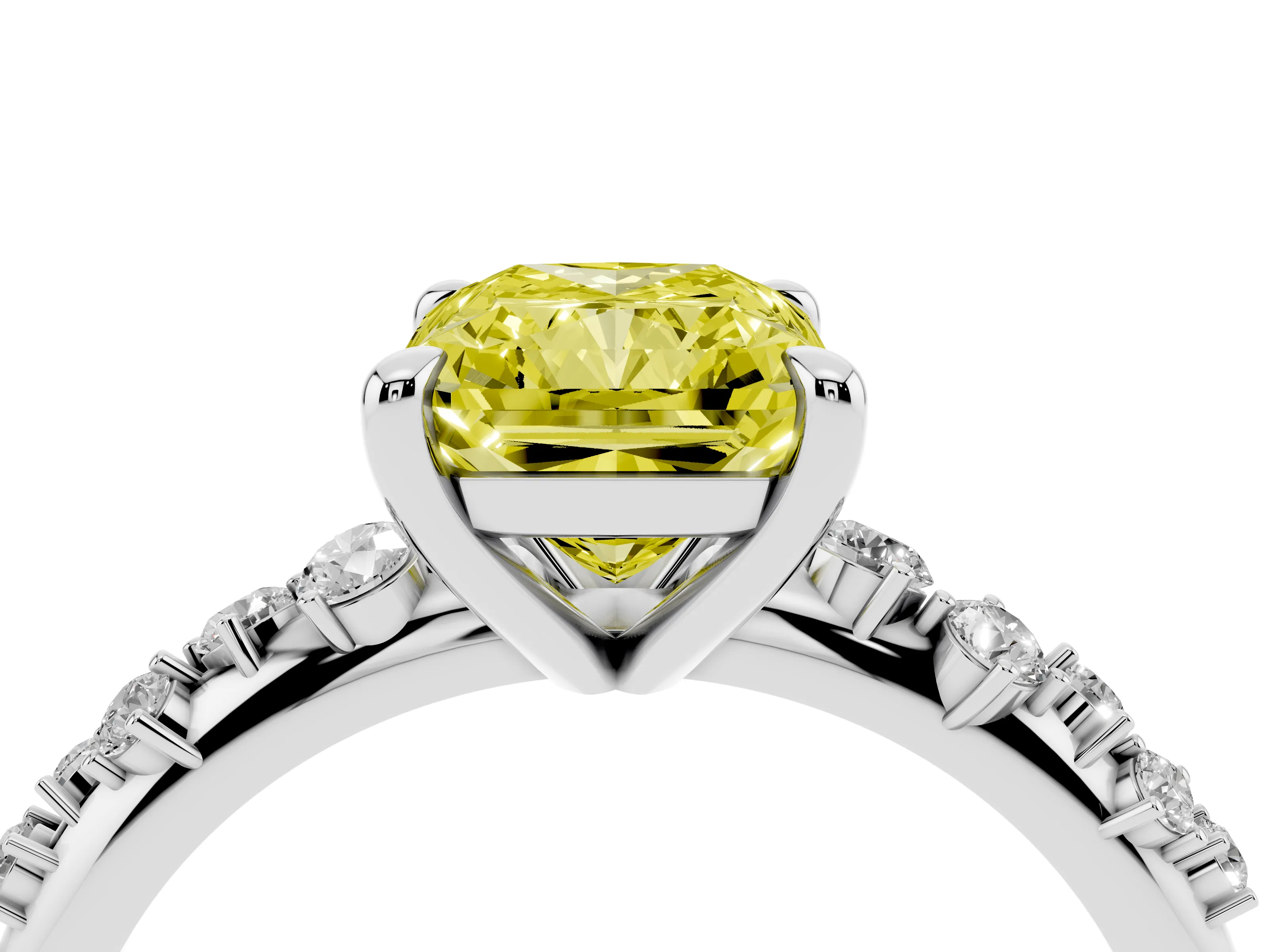 Fancy Yellow Radiant Cut Diamond Solitaire Vine Band Ring Set in Silver with Round Accents and Prong Setting