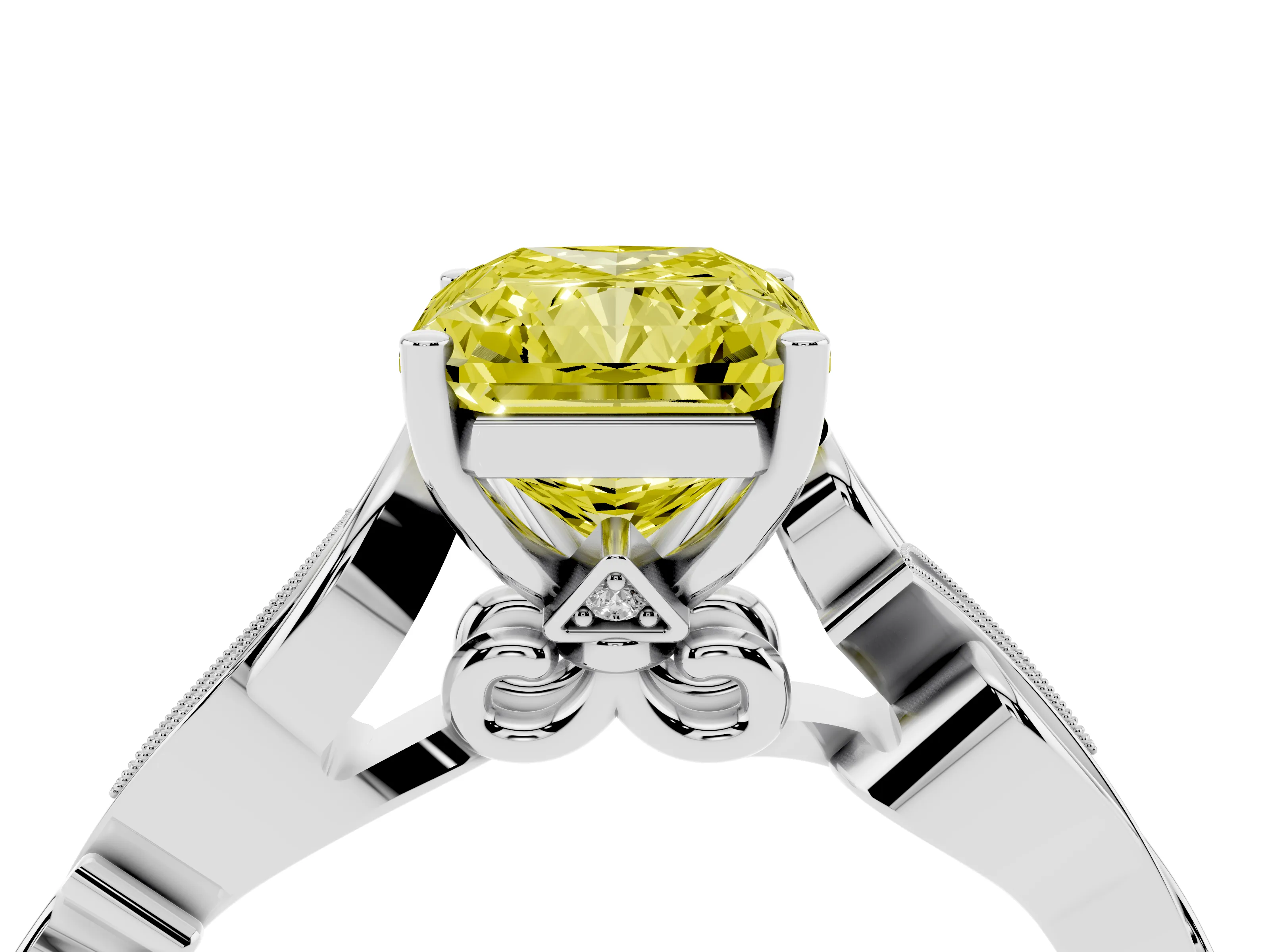 Fancy Yellow Radiant Cut Diamond Vine Band Solitaire Ring Set in Platinum with Milgrain Prong Setting