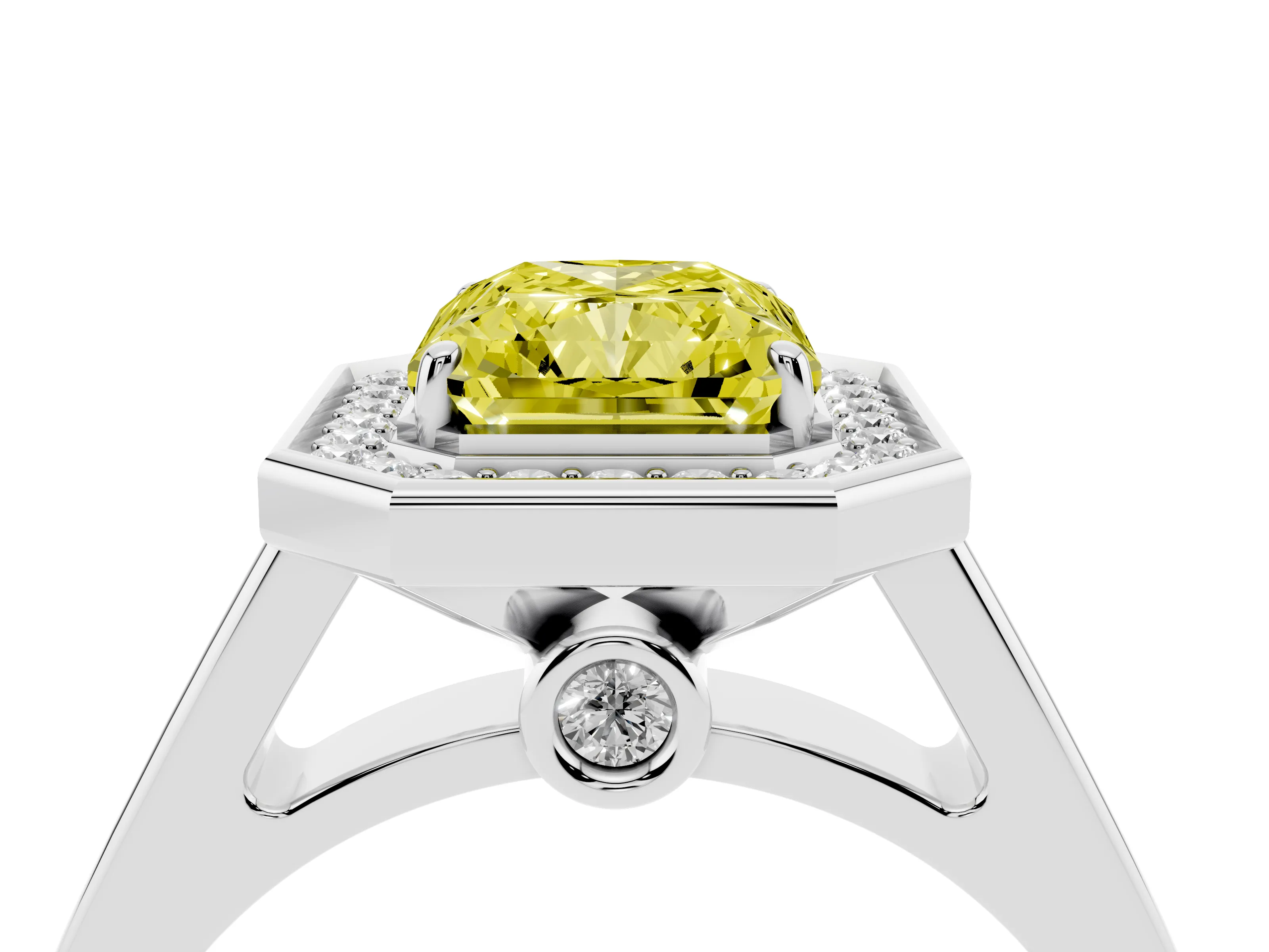 Fancy Yellow Radiant Cut Diamond Halo Solitaire Ring Set in Silver with Pavé Band and Bezel Setting