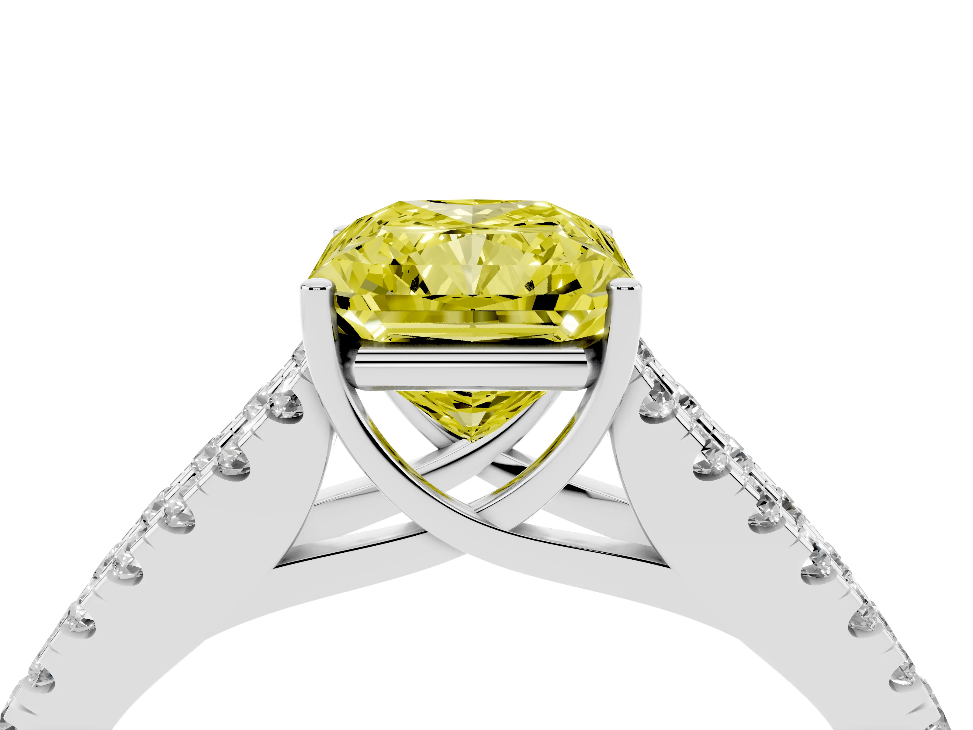 Fancy Yellow Radiant Cut Diamond Split Shank Pavé Engagement Ring Set in Platinum with Prong-Held Center Stone
