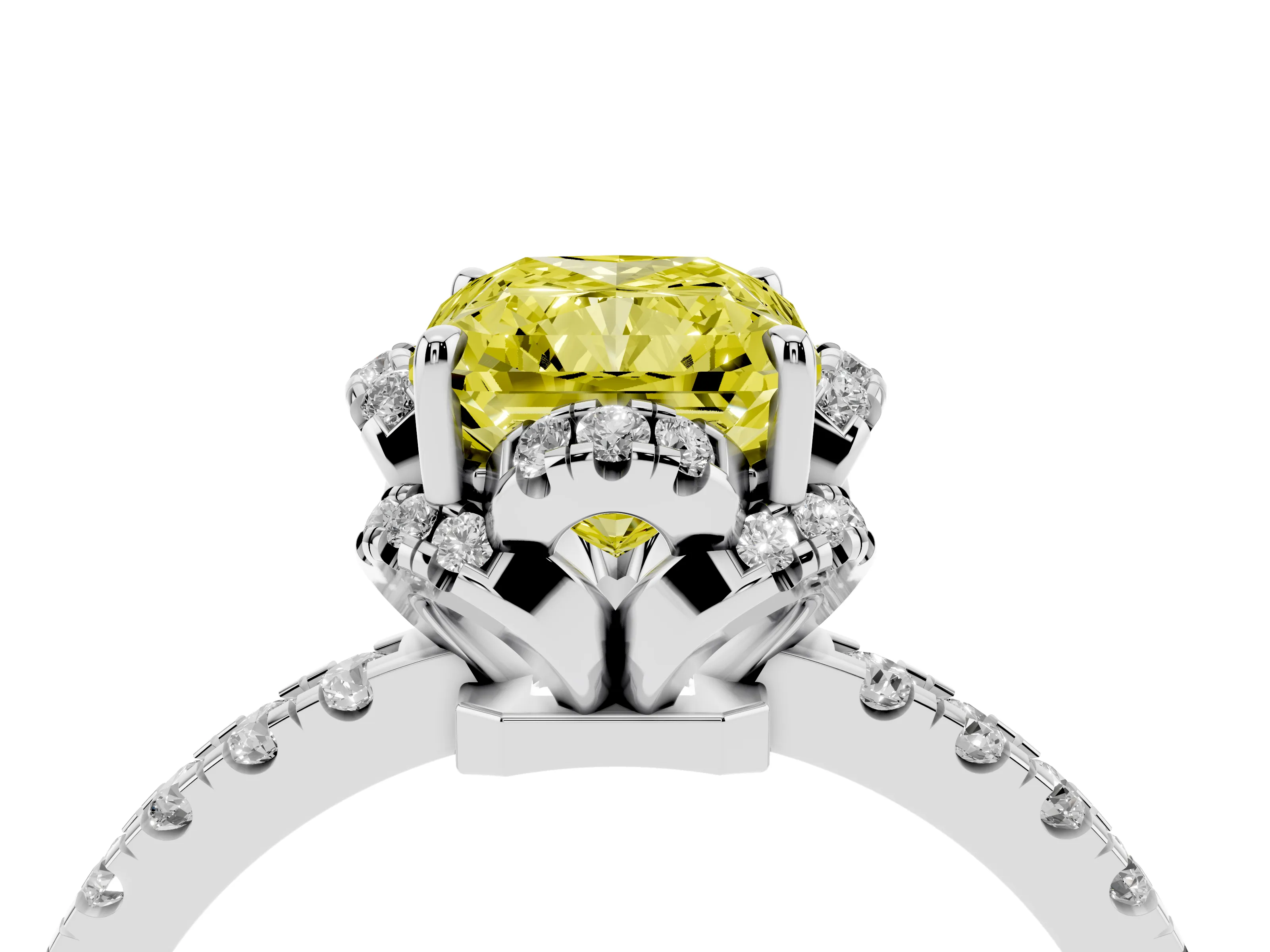 Fancy Yellow Radiant Cut Diamond Halo Pavé Band Ring Set in White gold with Prong-Held Center
