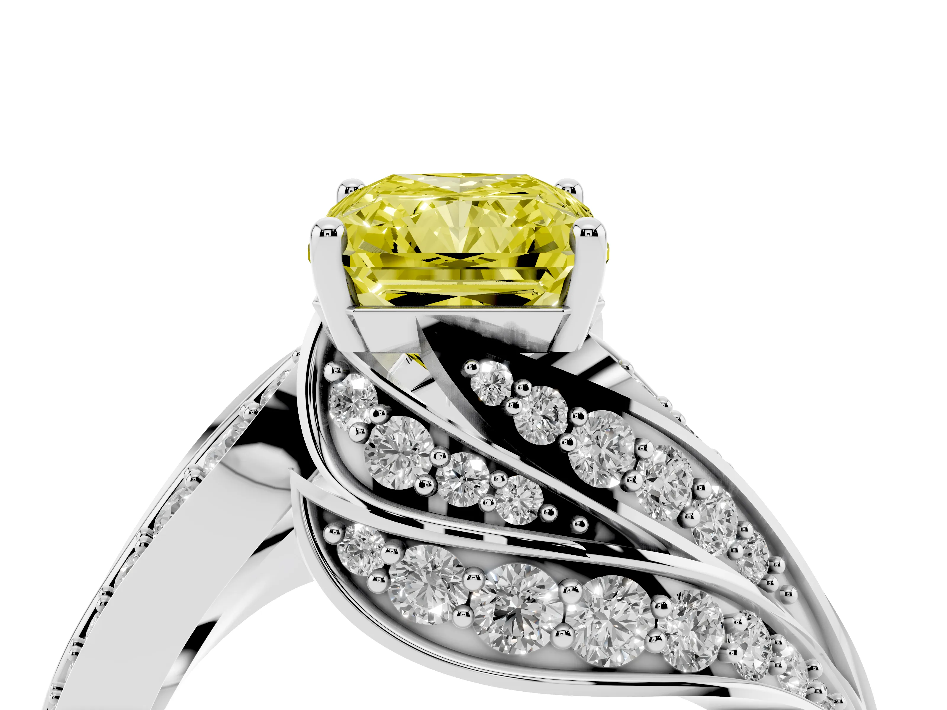 Fancy Yellow Radiant Cut Diamond Solitaire Ring Set in Platinum with Layered Twist Pavé Band