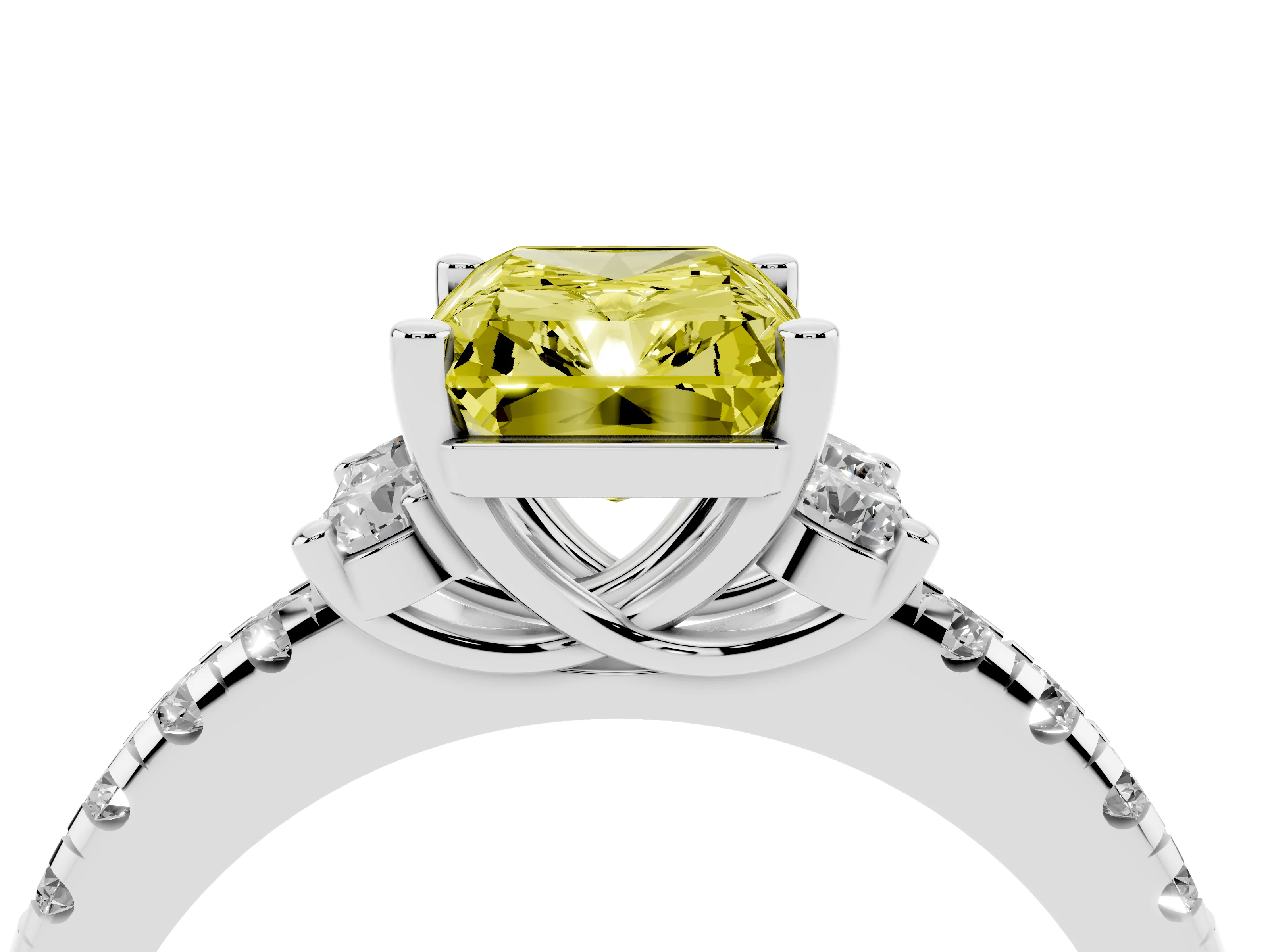 Fancy Yellow Radiant Cut Diamond Three-Stone Pavé Ring Set in Silver with Prong Setting