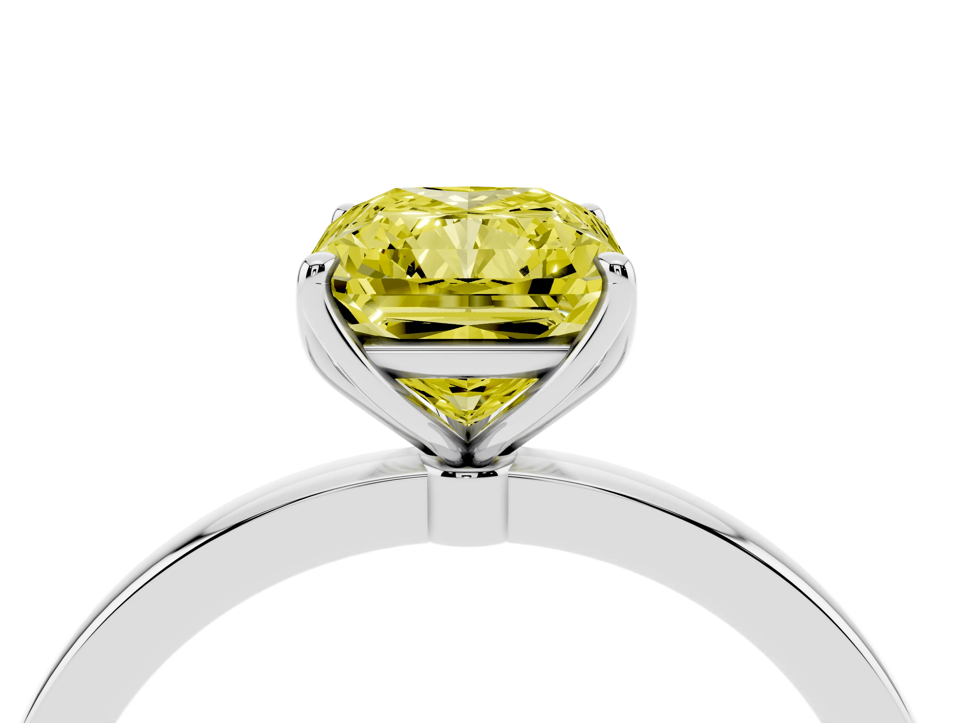 Fancy Yellow Radiant Cut Diamond Solitaire Ring Set in White gold with Prong Setting and Thin Polished Band